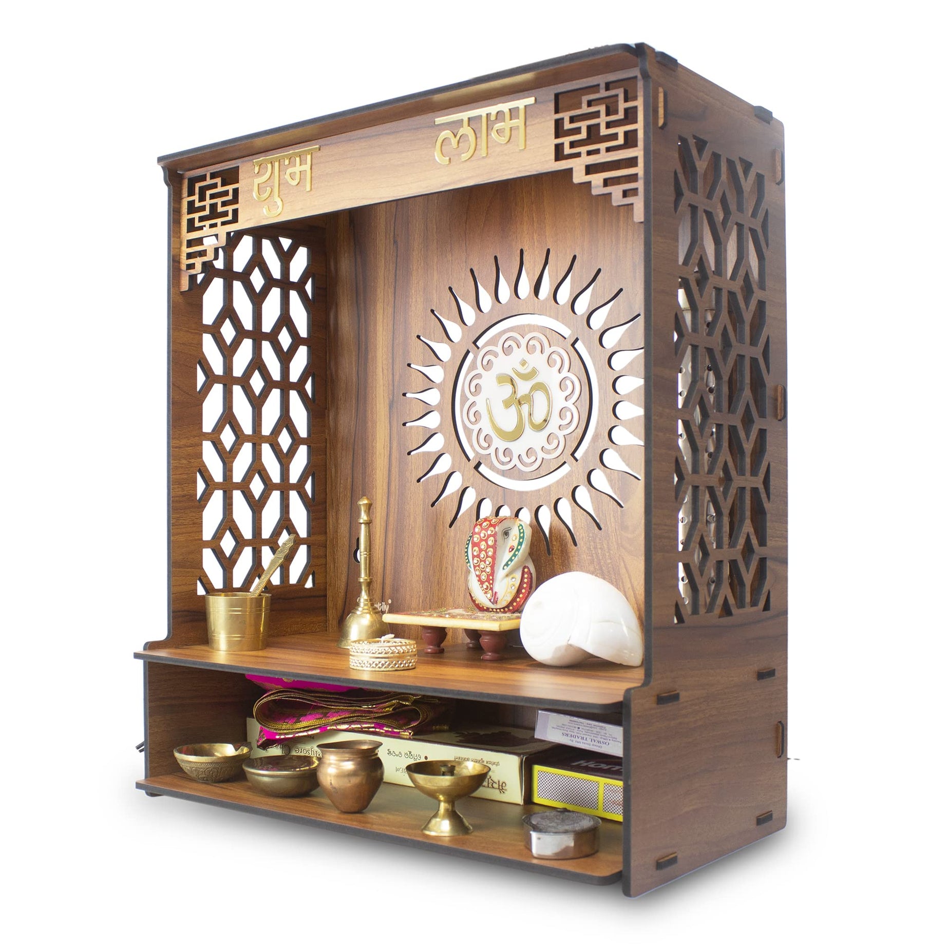 Heartily® PAVITR Beautiful Wooden Pooja Mandir for Home Temple for Home and Office Pooja Stand Modern Puja Mandir for Home Wall with LED Spot Light Size (18, L- 16, W-8.75 Inch)