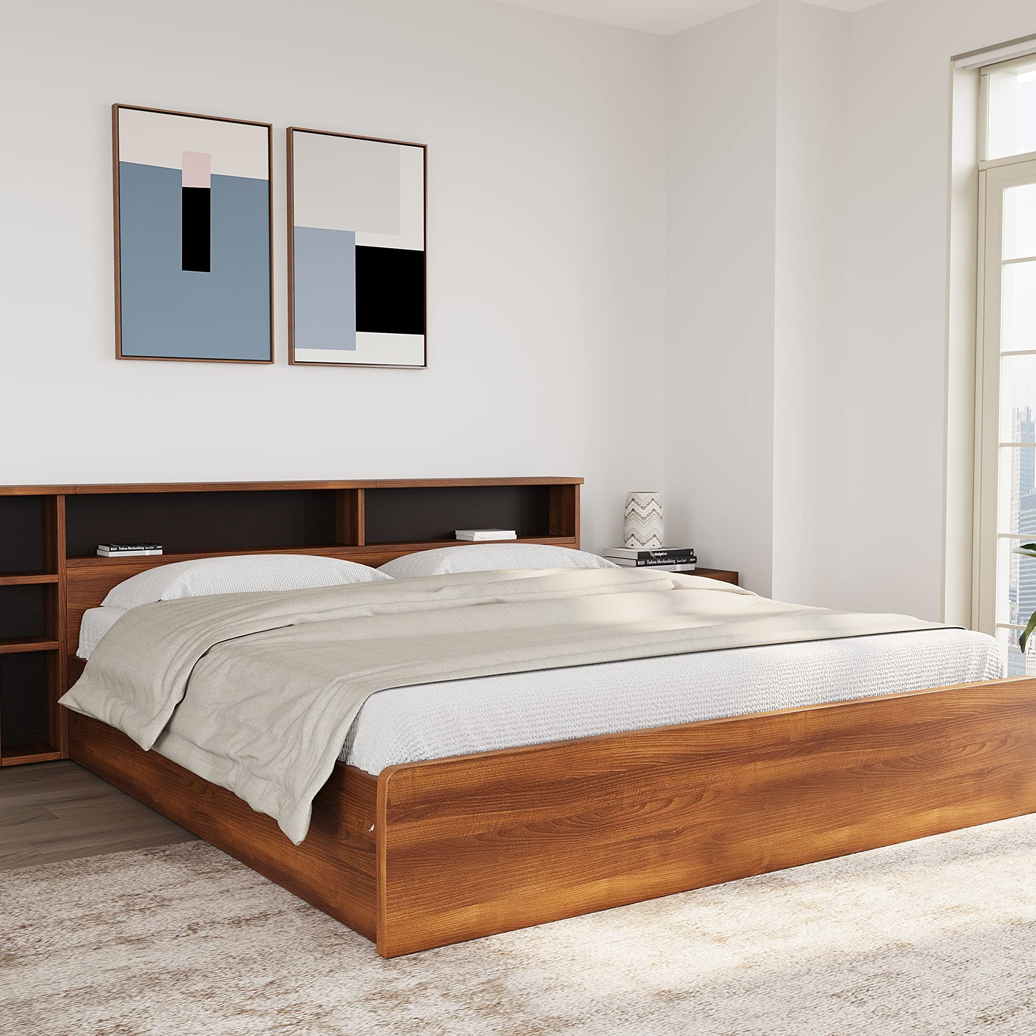 @home Torrie Engineered Wood King Bed with Headboard & Box Storage (Classic Walnut) | 1 Year Warranty