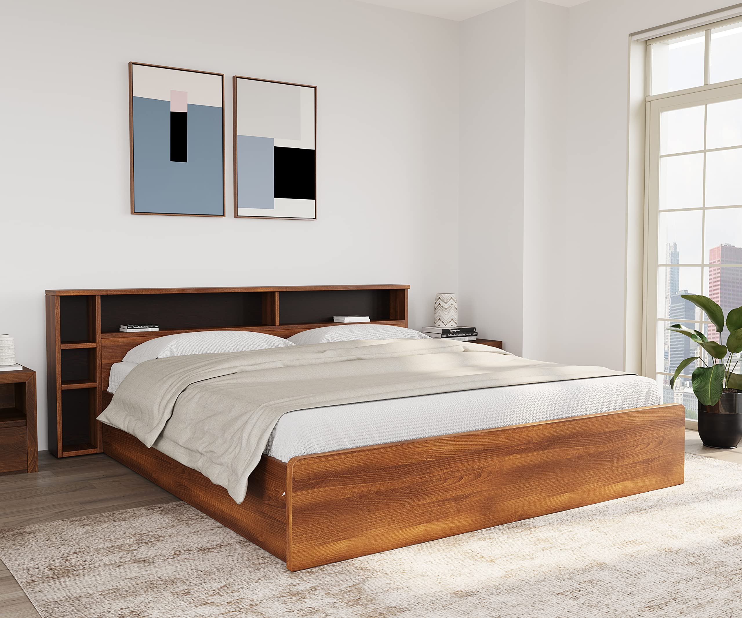 @home Torrie Engineered Wood King Bed with Headboard & Box Storage (Classic Walnut) | 1 Year Warranty