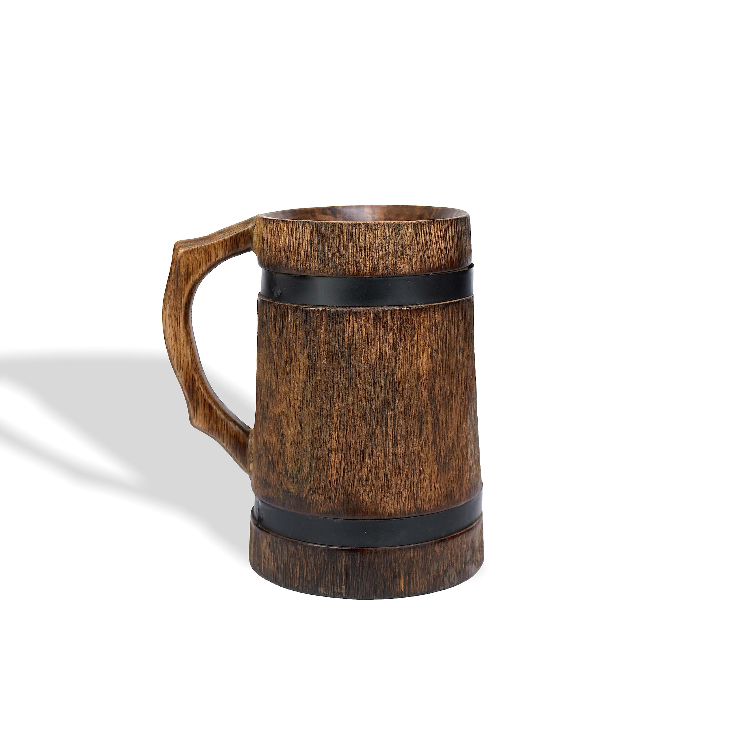 HAND N ART Mango Wooden Handmade Beer & Juice Mug with Handle and Metal Strip | Barrel Shaped Jumbo Mug for Cocktail Parties (BPA Free) - Matte Finish (625 ml)