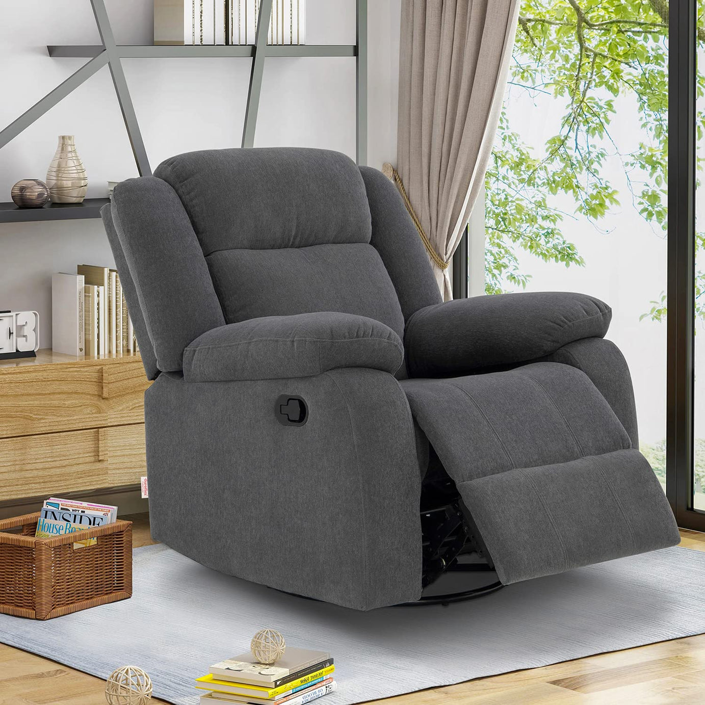 duroflex Avalon - Rocking & Revolving Single Seater Fabric Manual Recliner in Graphite Grey Colour