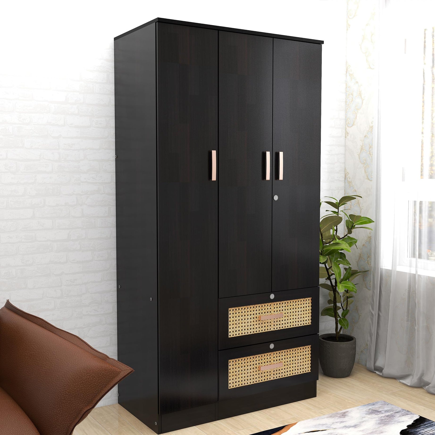 Amazon Brand - Solimo Wardrobe | 1 Year Warranty | 3 Doors Cupboard, Ren with Synthetic Rattan Feature, with Drawer, Wooden Almirah Wenge Colour (Melamine Finish)