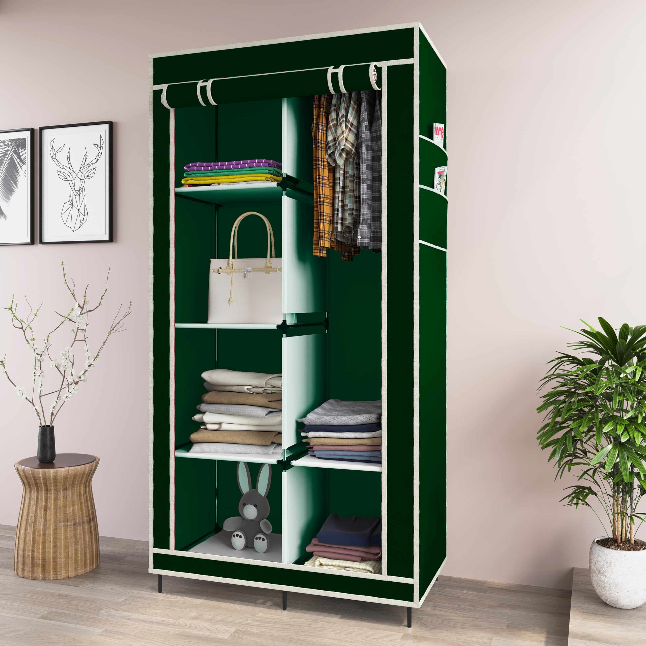 GTC® Collapsible Wardrobe Clothes Almira, 1 Hanging Space, 6 Shelves, 1 Side Pocket (Non-Woven Fabric, 76x38x145cm) (7700-1) (Green)