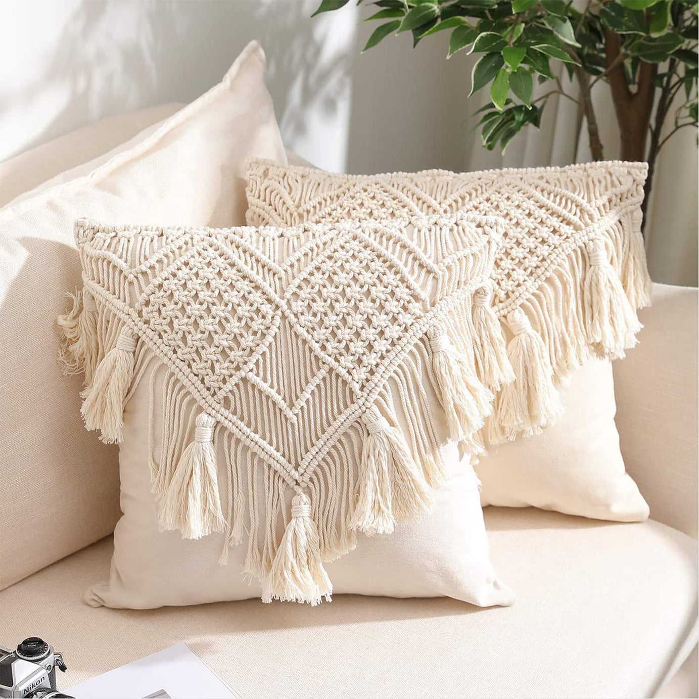 Kaahira Handmade Cotton Macrame Cushion Pillow Cover Boho Home Decor Abstract Pattern 16 x 16 Inch in Off White Color - 1 Pcs (16 x 16) in