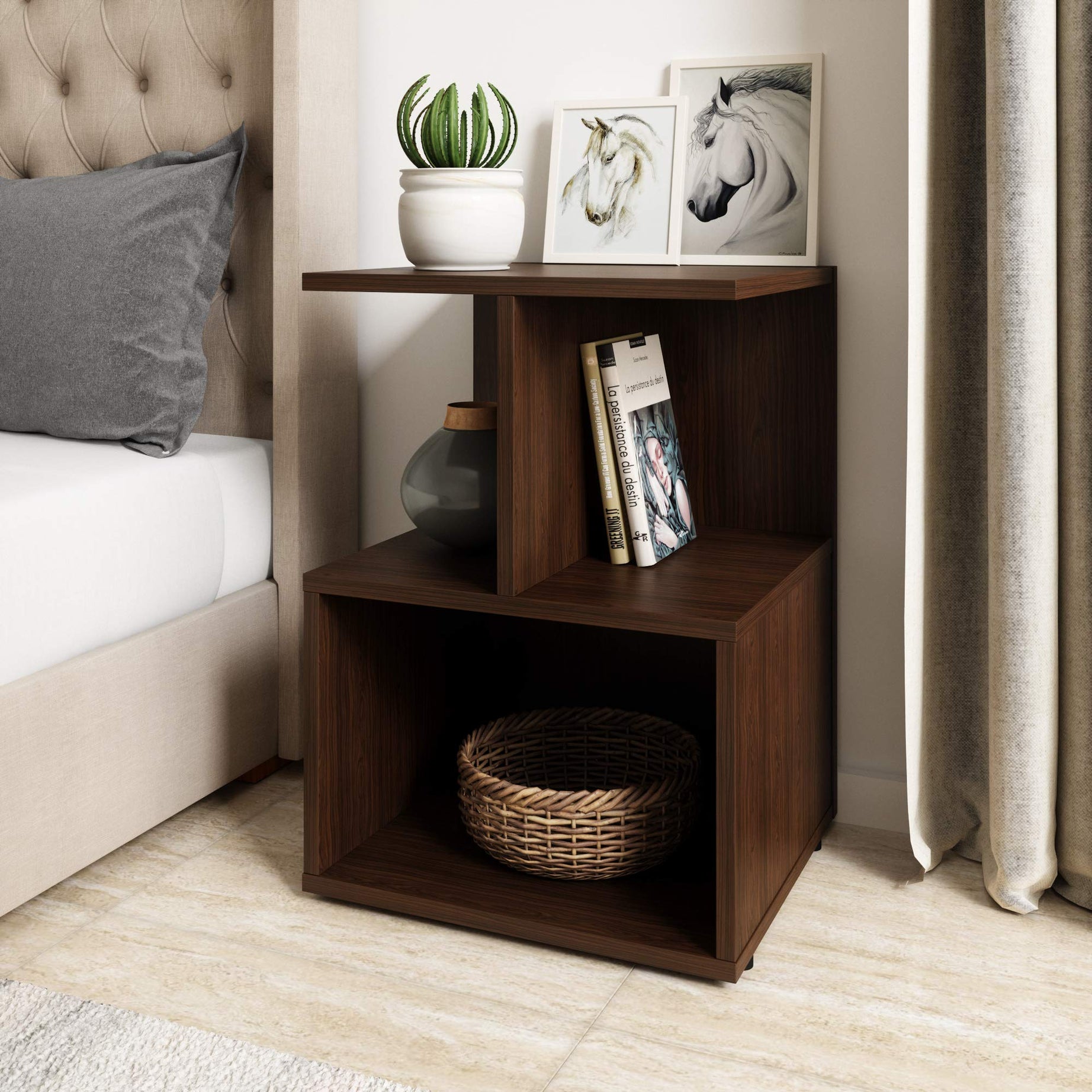 Amazon Brand - Solimo Uno Engineered Wood Walnut Finish Contemporary Bedside Table (Walnut)