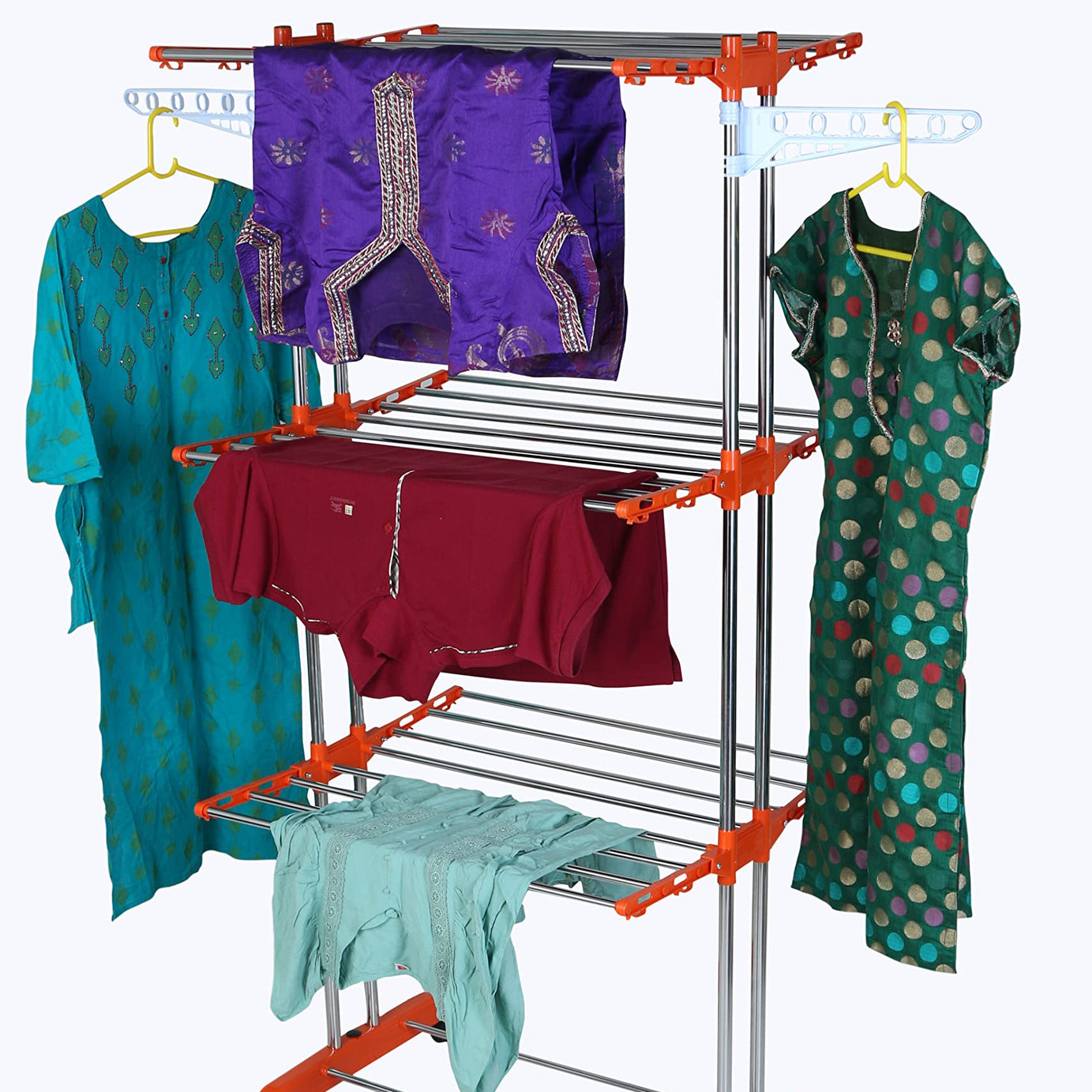 Mega stand Cloth Drying Stand, Stainless Steel 3-Tier Foldable Clothes Dryer Rack for Home with 6 Wheels Clothes Stand for Drying (Orange)