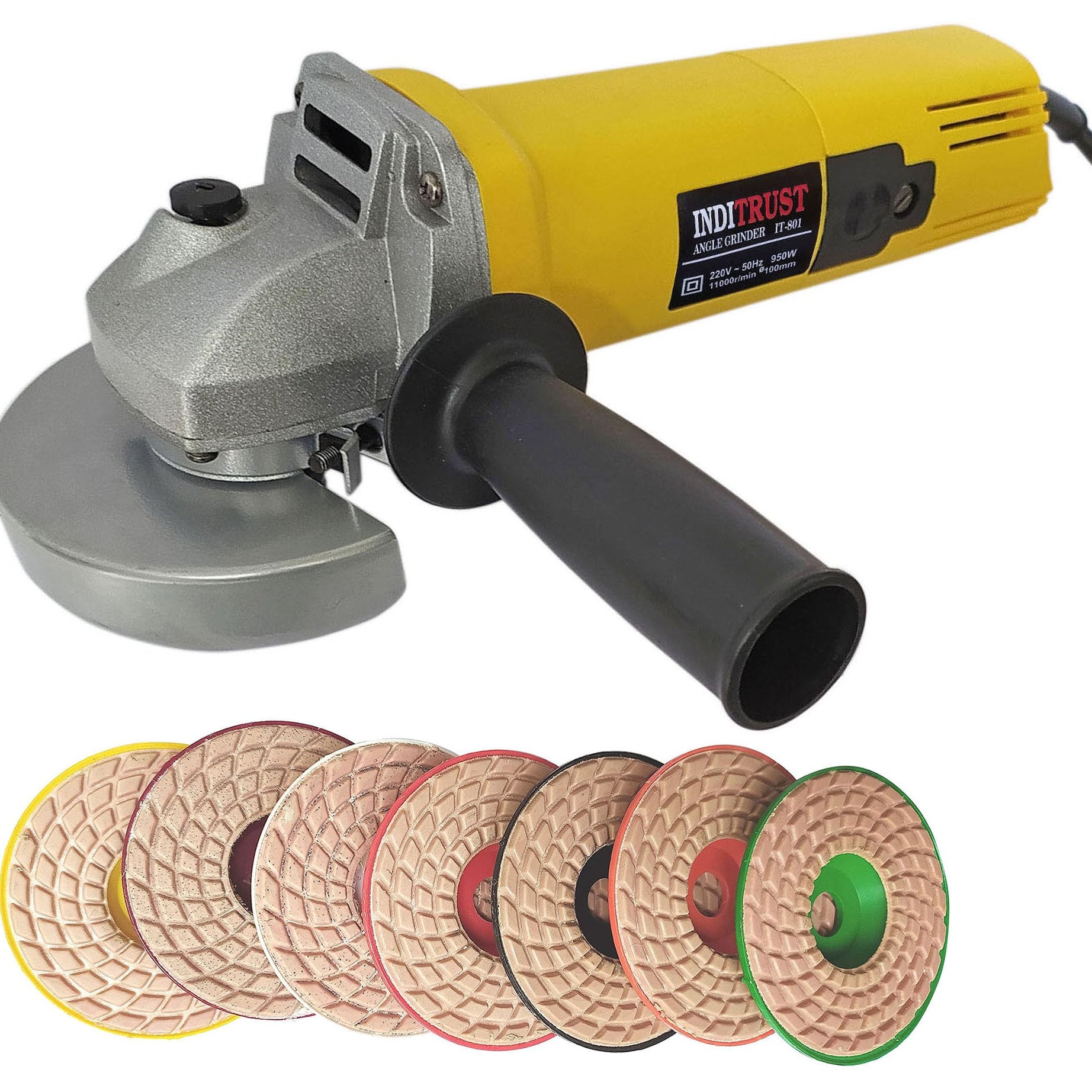 Inditrust WITH 3 MONTHS WARRANTY 900W Angle Grinding machine With 7Pc 4" Diamond Polishing Pads (#0-#6) For Glass Granite Marble Concrete Stone Angle Grinder