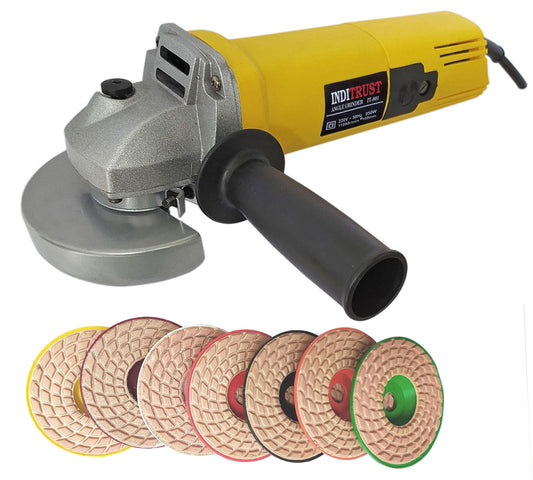 Inditrust WITH 3 MONTHS WARRANTY 900W Angle Grinding machine With 7Pc 4" Diamond Polishing Pads (#0-#6) For Glass Granite Marble Concrete Stone Angle Grinder