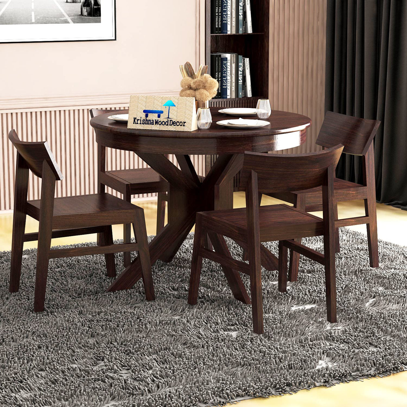 Krishna Wood Decor Solid Wooden Sheesham Teak Wood Round Dining Table 4 Seater | Round Table with 4 Chairs Set | Round Dining Table 4 Seater |Dining Room Furniture - Walnut Finish