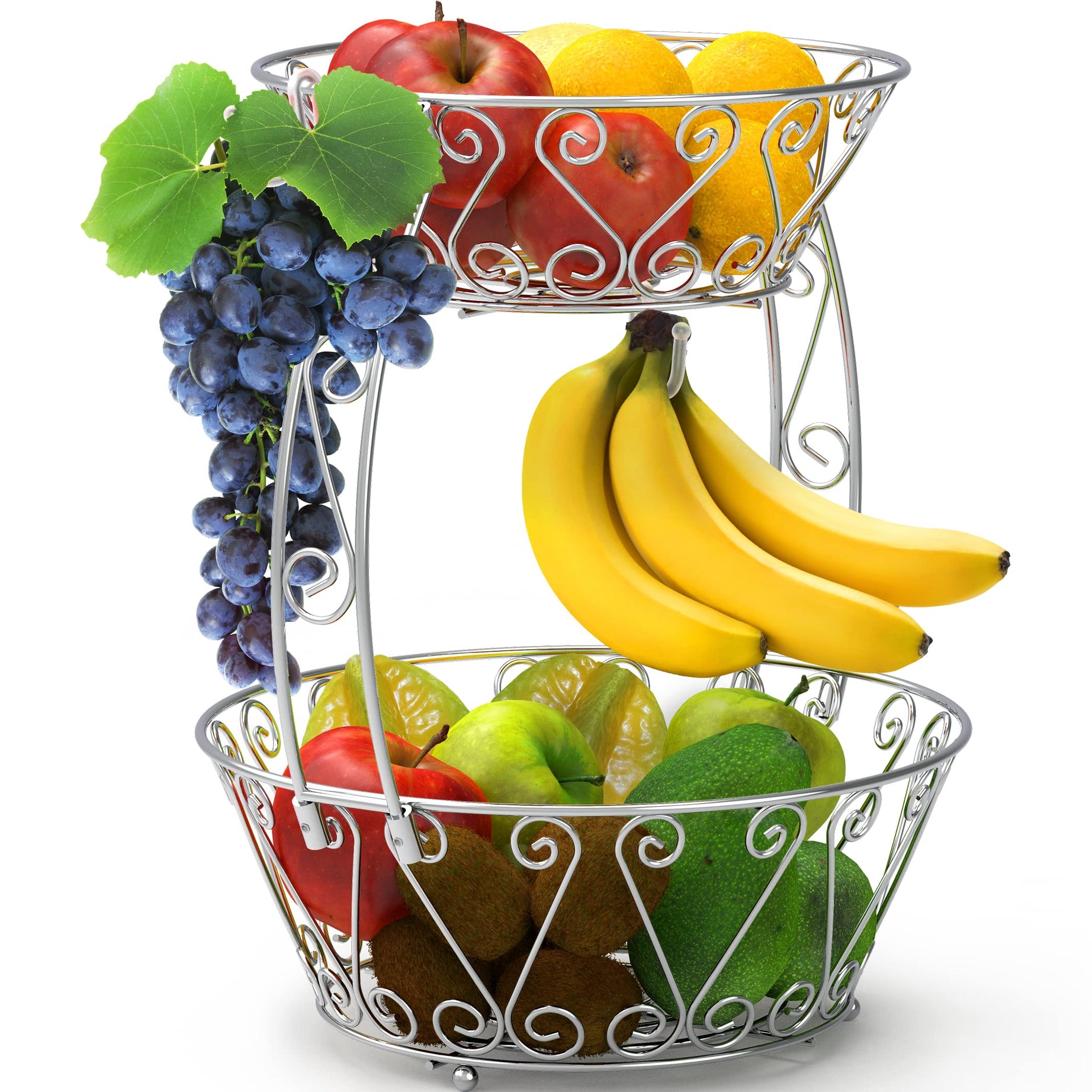 2-Tier Countertop Fruit Basket Bowl Storage, Chrome