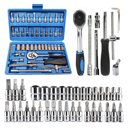 AEGON SS46 Heavy Duty 1/4" Combinational Ratchet Socket Wrench Spanner 46 Pieces Chrome Vanadium Hand Tool Kit Set For Repairing Work, DIY, Auto Repairs Car & Bike