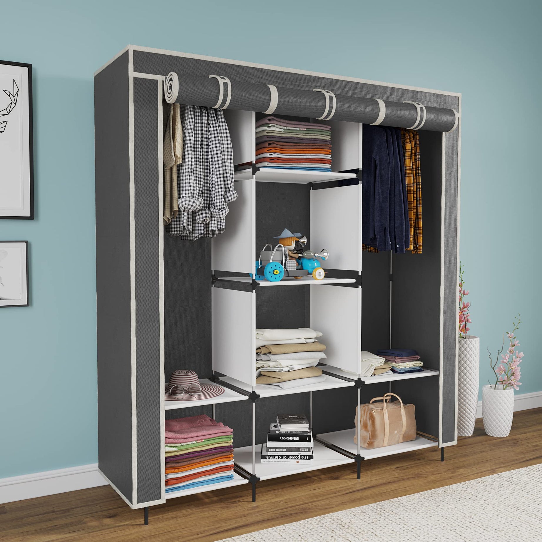 Maison & Cuisine Collapsible Wardrobe Portable Almira for Clothes, 2 Hanging Space, 8 Shelves Non-Woven Fabric 90 GSM (88130, Grey), Metal, 166 Cm, 126 Cm