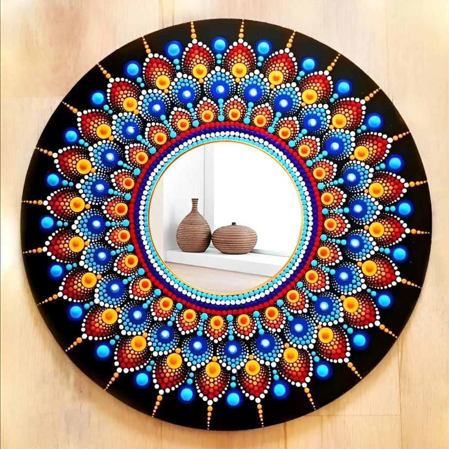 DOT MANDALA MIRROR/Wall hanging/Handcrafted/Made on mdf base with attached hooked on backside/Acrylic colours used. (16inch, Multicolour)