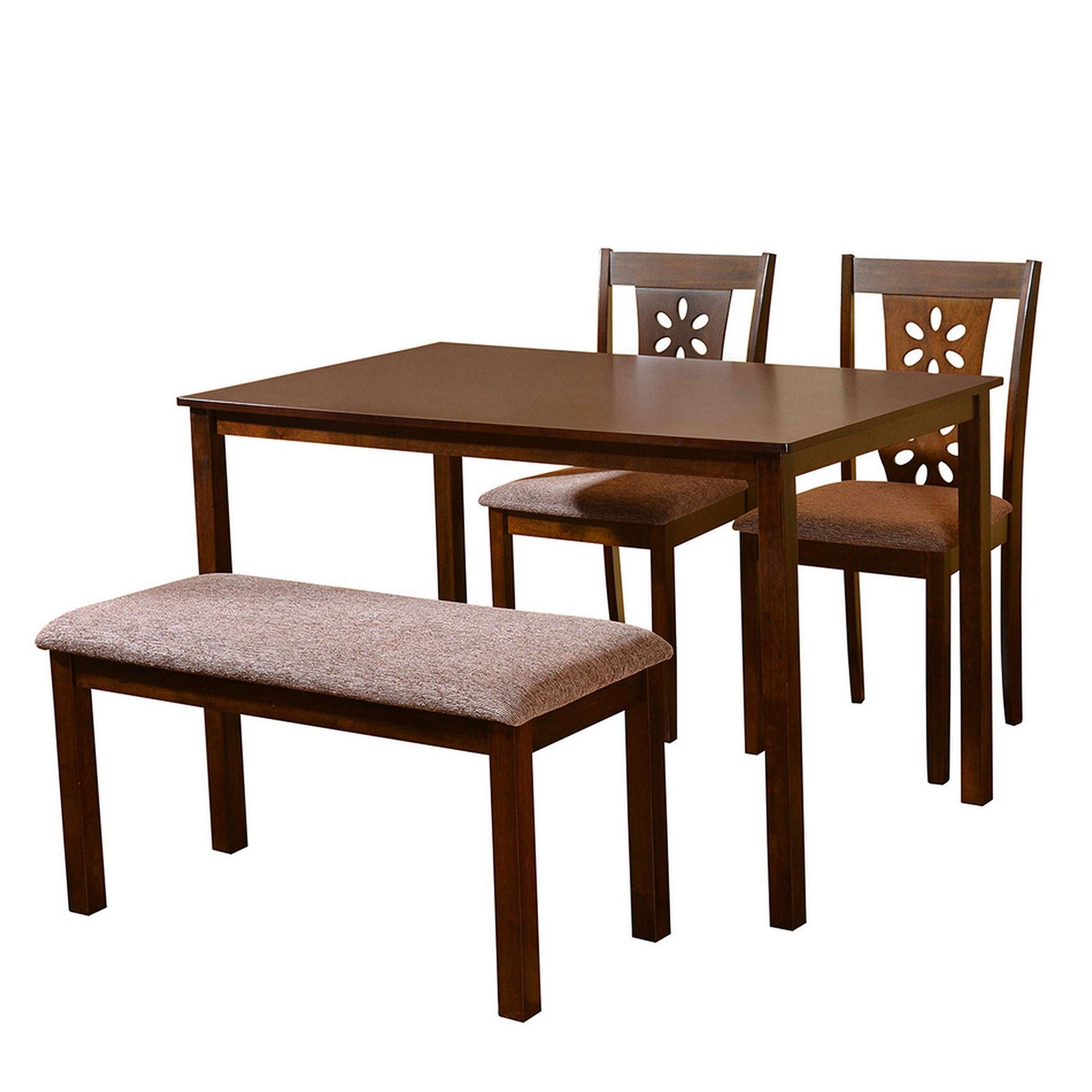 @home by Nilkamal Sutlej Rubber Wood Dining Table 4 Seater| Four Seater Wooden Table with Two Chairs and 1 Bench with Cushion| Dining Room Set| Rubberwood, Antique Cherry