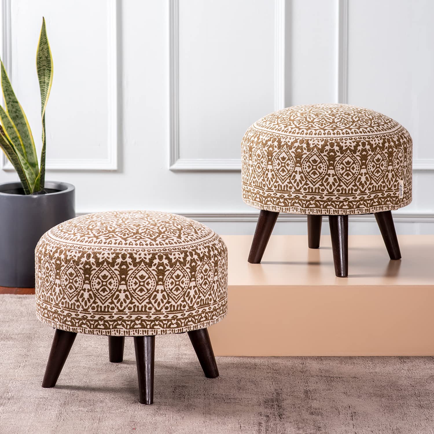 nestroots Ottoman Stool for Living Room Set of 2 | Pouffes for Sitting Printed Ottoman | Foot Rest Ottoman stools with 4 Wooden Legs (14 inch Height, Yellow)