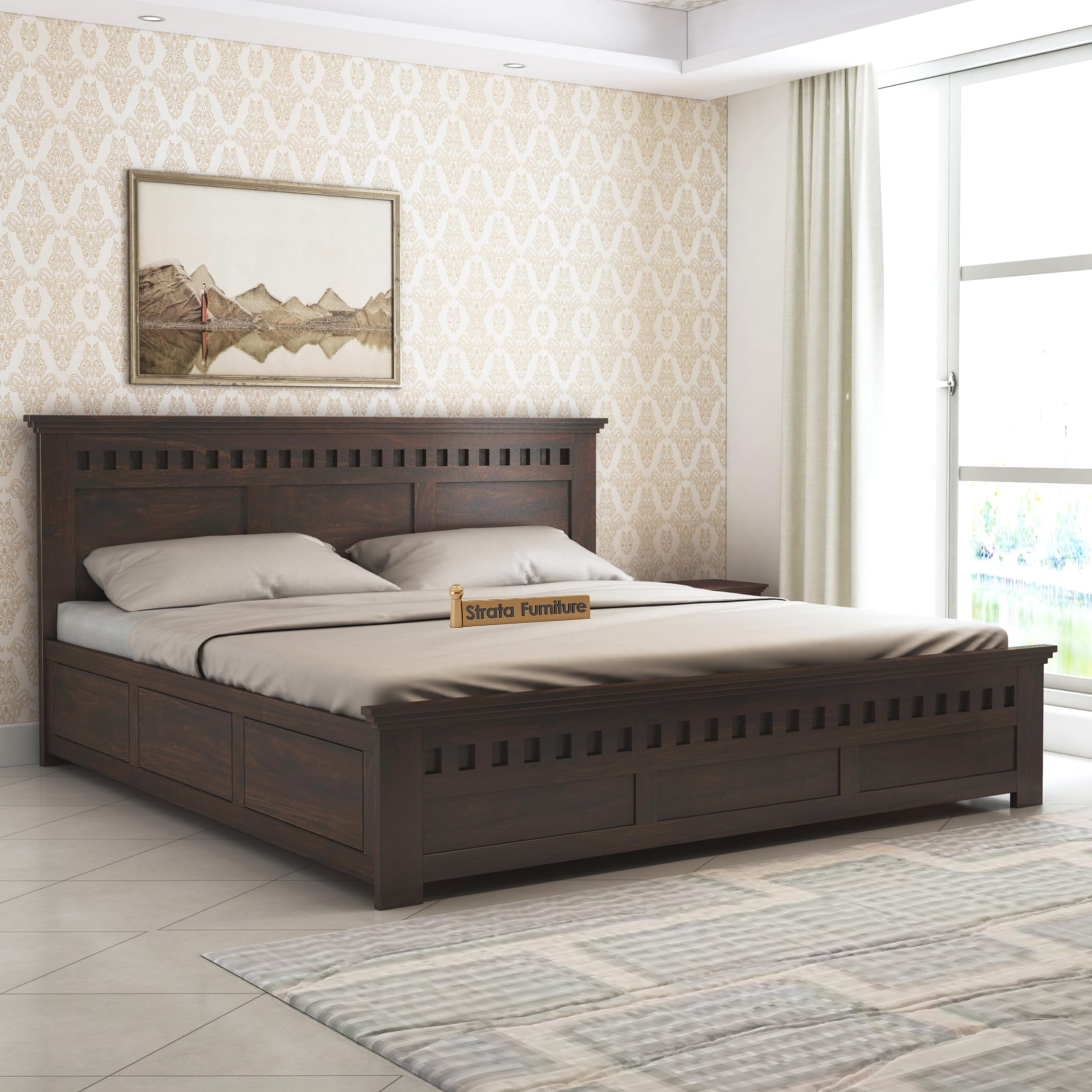 STRATA FURNITURE Sheesham Wood Queen Size Bed with Box Storage Wooden Double Bed Cot Bed Furniture for Bedroom Living Room Home (Walnut Finish)