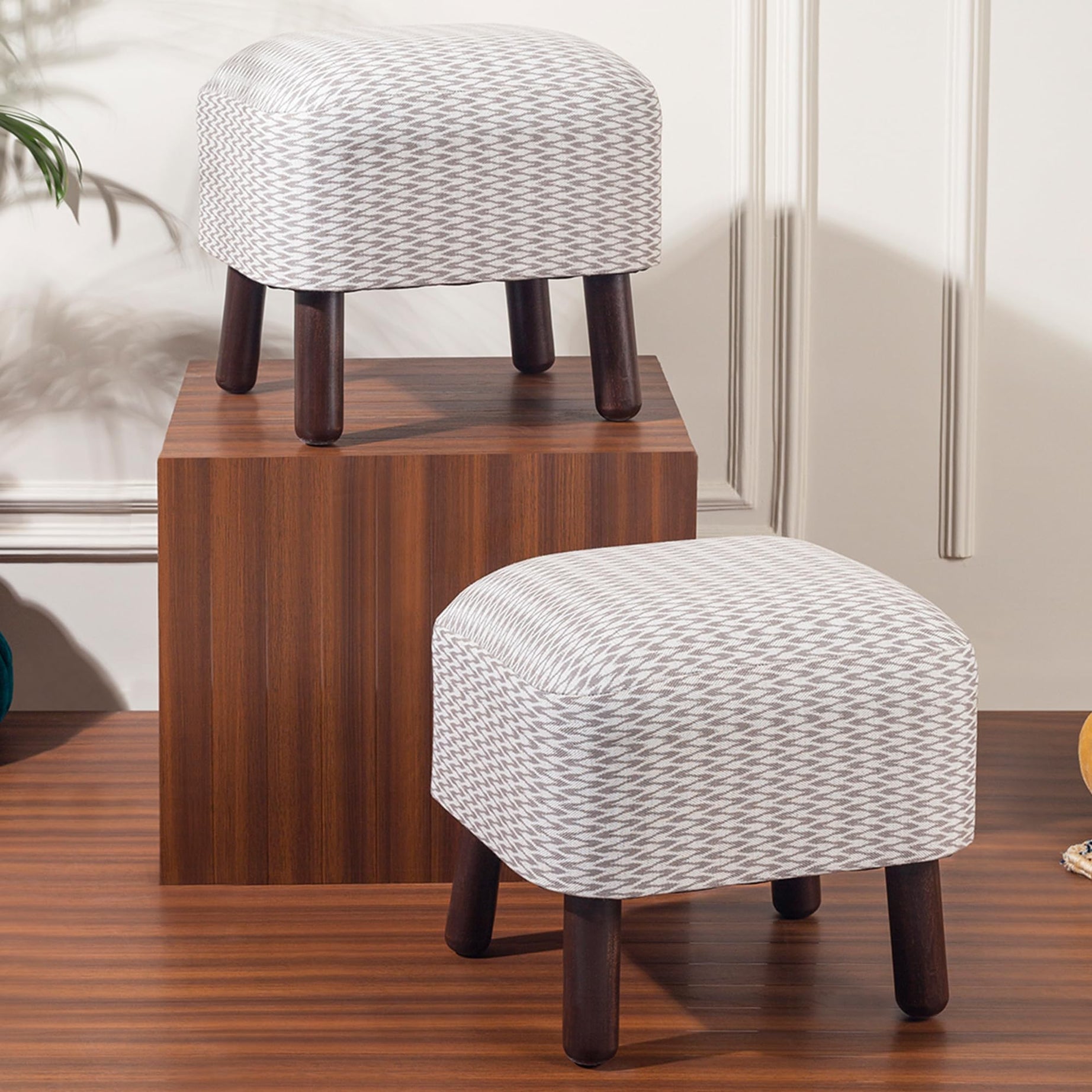 LUSHLIN Wooden Pouffes Stool for Living Room Set of 2 Stylish Ottoman Cotton Cushioned Pouffe for Foot Rest with 4 Legs Stool for Office Home Decoration and Dressing Table Stool (White & Brown)