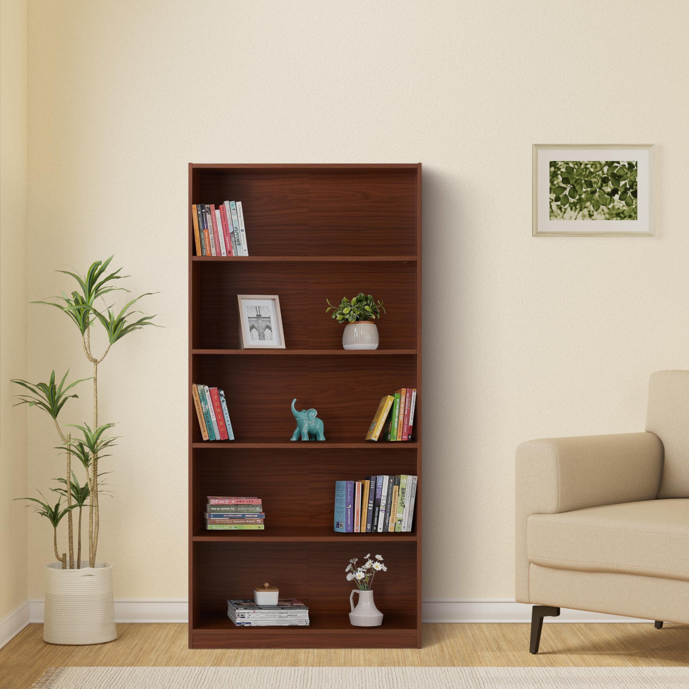 Amazon Brand - Solimo Uno Engineered Wood 5 Tier Bookshelf (Walnut Finish)