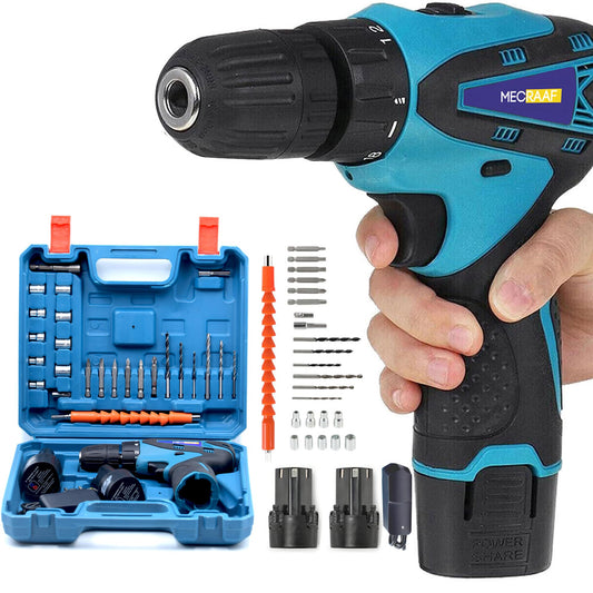 Mecraaf 12V Li-Ion Cordless Drill Machine With Reversible Function|Screwdriver|Chuck 10Mm|1350Rpm|Torque 18+1|Pistol Grip|Spiral Drill|24 Accessories Drill Bits In Carrying Tool Kit - Blue