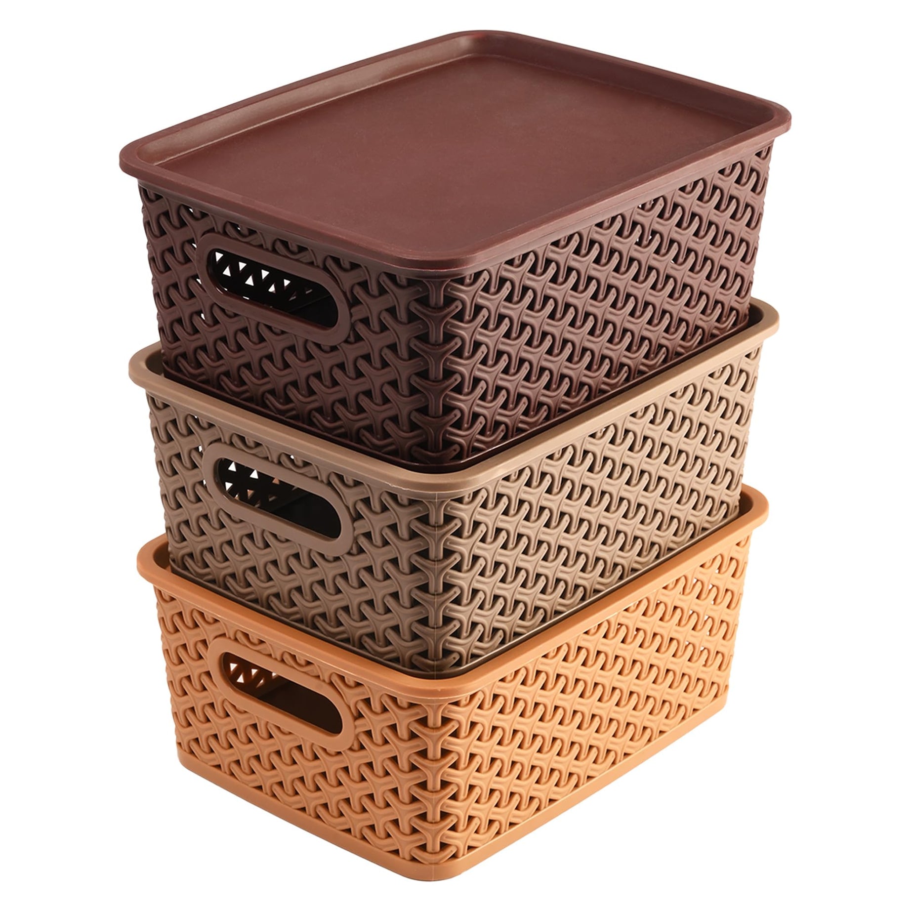 Kuber Industries Plastic Multipurpose Solitaire Storage Basket with Lid|Side Handles & Wovan Design|Size 25 x 20 x 11 CM|Pack of 3 (Multi)-CTLTC010896