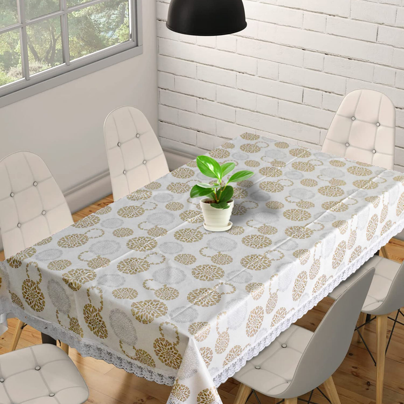 Kuber Industries Rangoli Printed PVC 6 Seater Dinning Table Cover 60"x90" (Cream),Polyvinyl Chloride (PVC),Square,Pack of 1