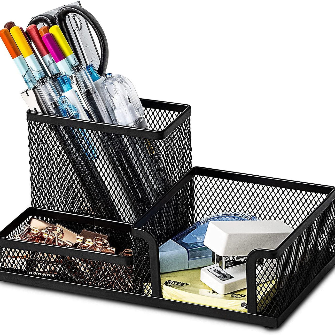 MeRaYo Metal Mesh 3 Compartments Desk Organiser/Stationery Stand for Work and Students (Black)