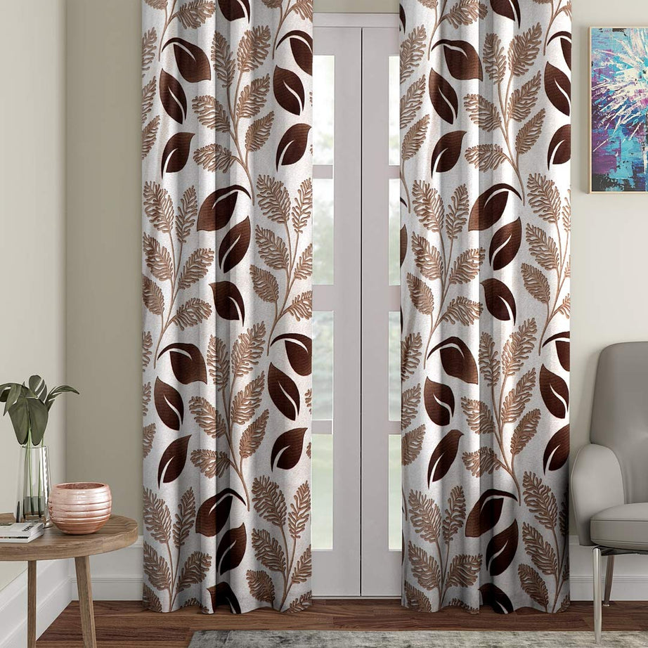 Cortina 2 Piece Floral Design Panel Eyelet Polyester Door Curtains - 7 Feet, Brown