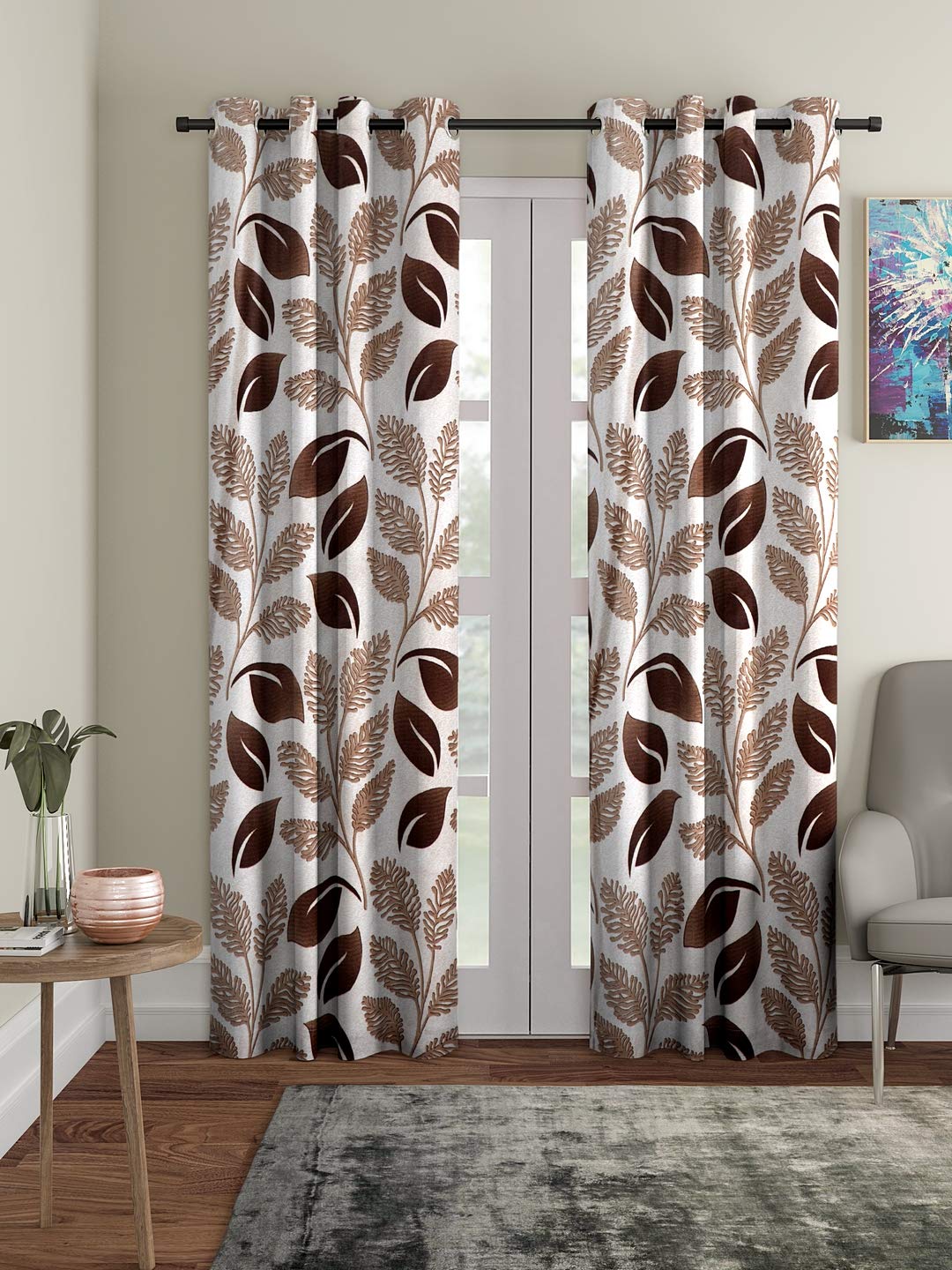 Cortina 2 Piece Floral Design Panel Eyelet Polyester Door Curtains - 7 Feet, Brown