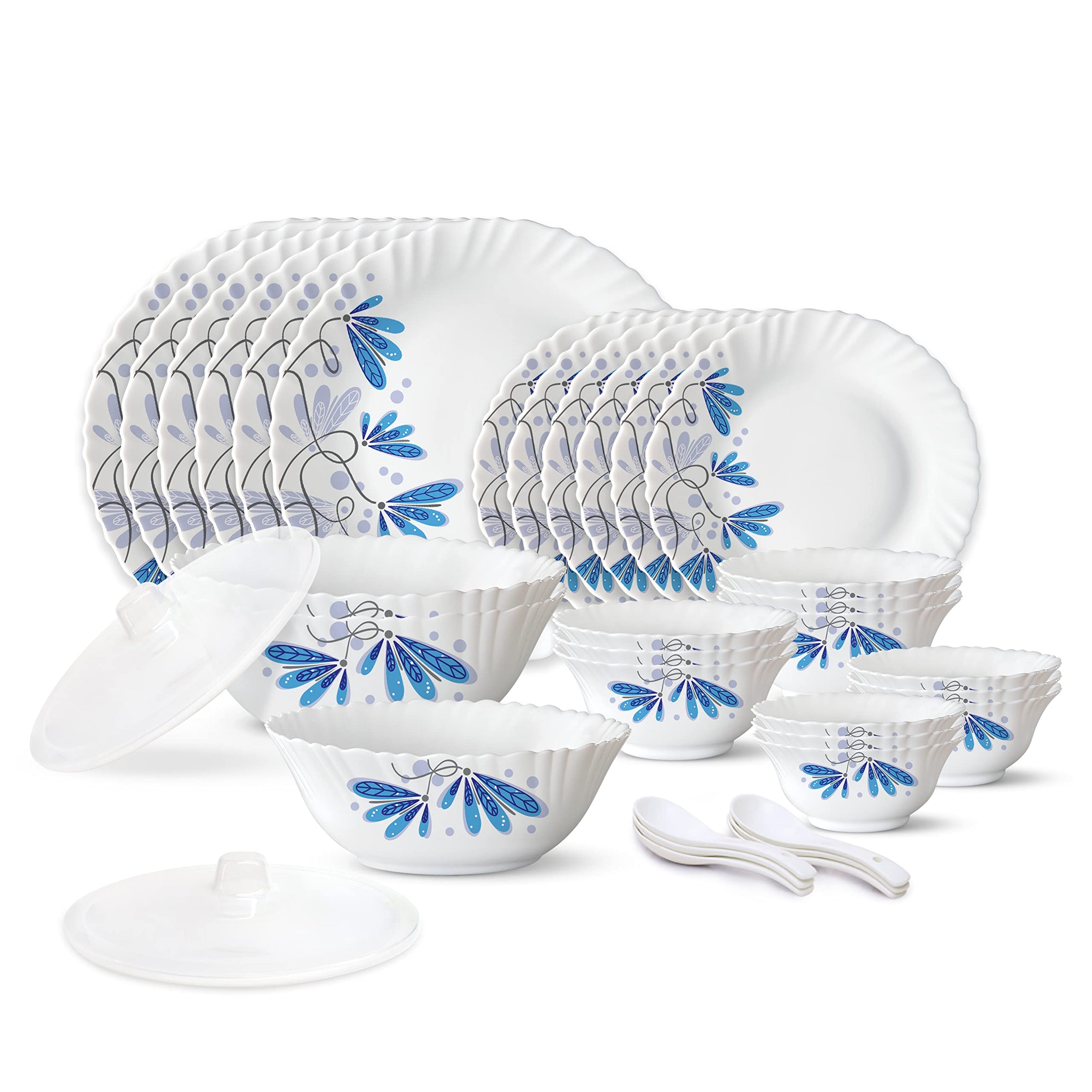 Larah by Borosil Twilight Silk Series Opalware Dinner Set | 35 Pieces for Family of 6 | Microwave & Dishwasher Safe | Bone-Ash Free | Crockery Set for Dining & Gifting | Plates & Bowls | White