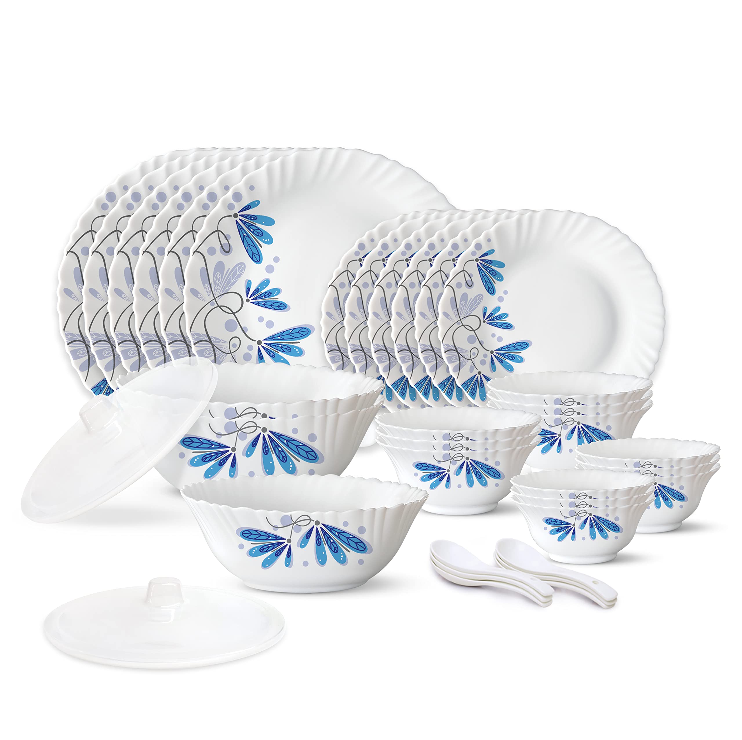 Larah by Borosil Twilight Silk Series Opalware Dinner Set | 35 Pieces for Family of 6 | Microwave & Dishwasher Safe | Bone-Ash Free | Crockery Set for Dining & Gifting | Plates & Bowls | White