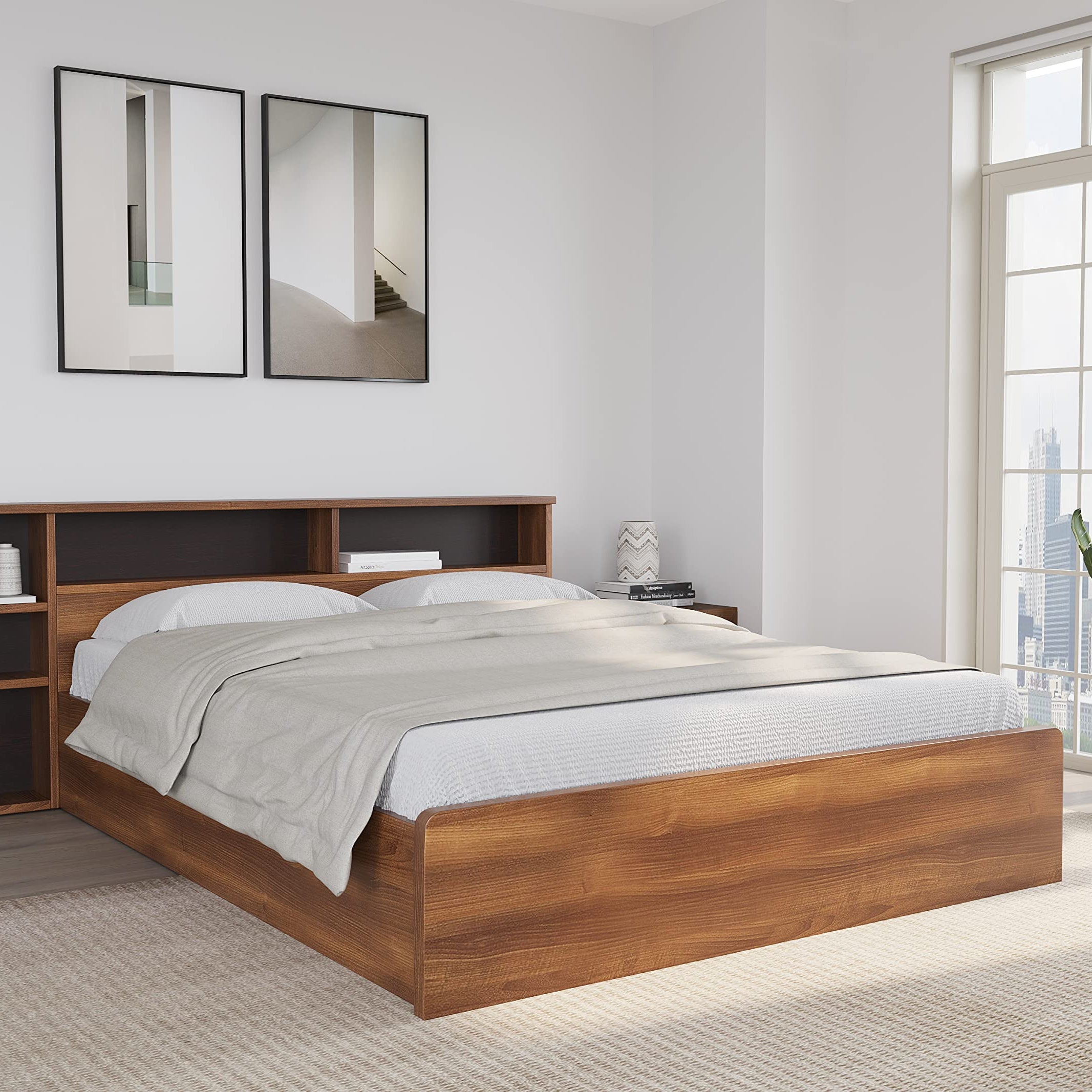 @home Torrie Engineered Wood Queen Bed with Headboard & Box Storage (Classic Walnut) | 1 Year Warranty