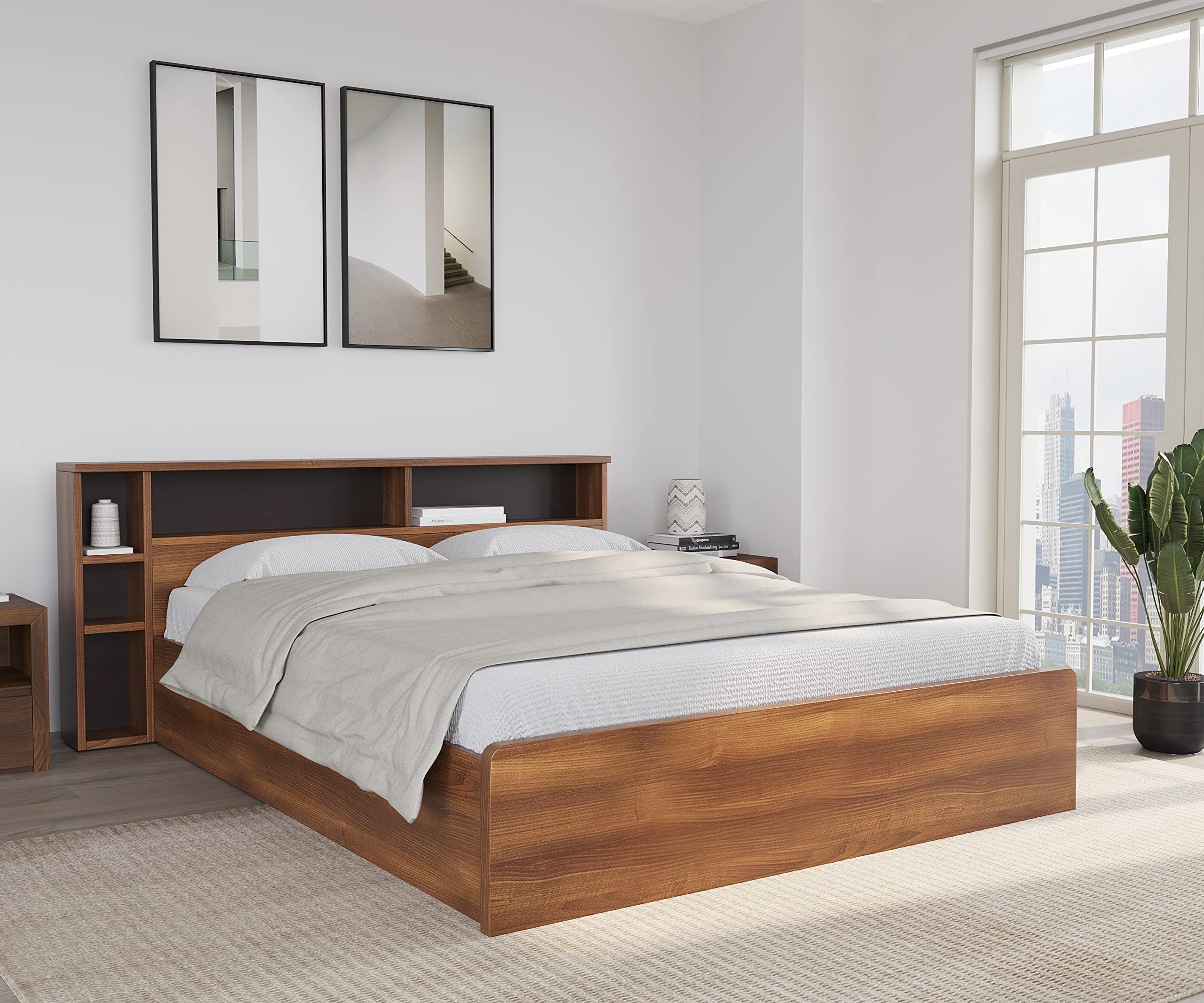 @home Torrie Engineered Wood Queen Bed with Headboard & Box Storage (Classic Walnut) | 1 Year Warranty