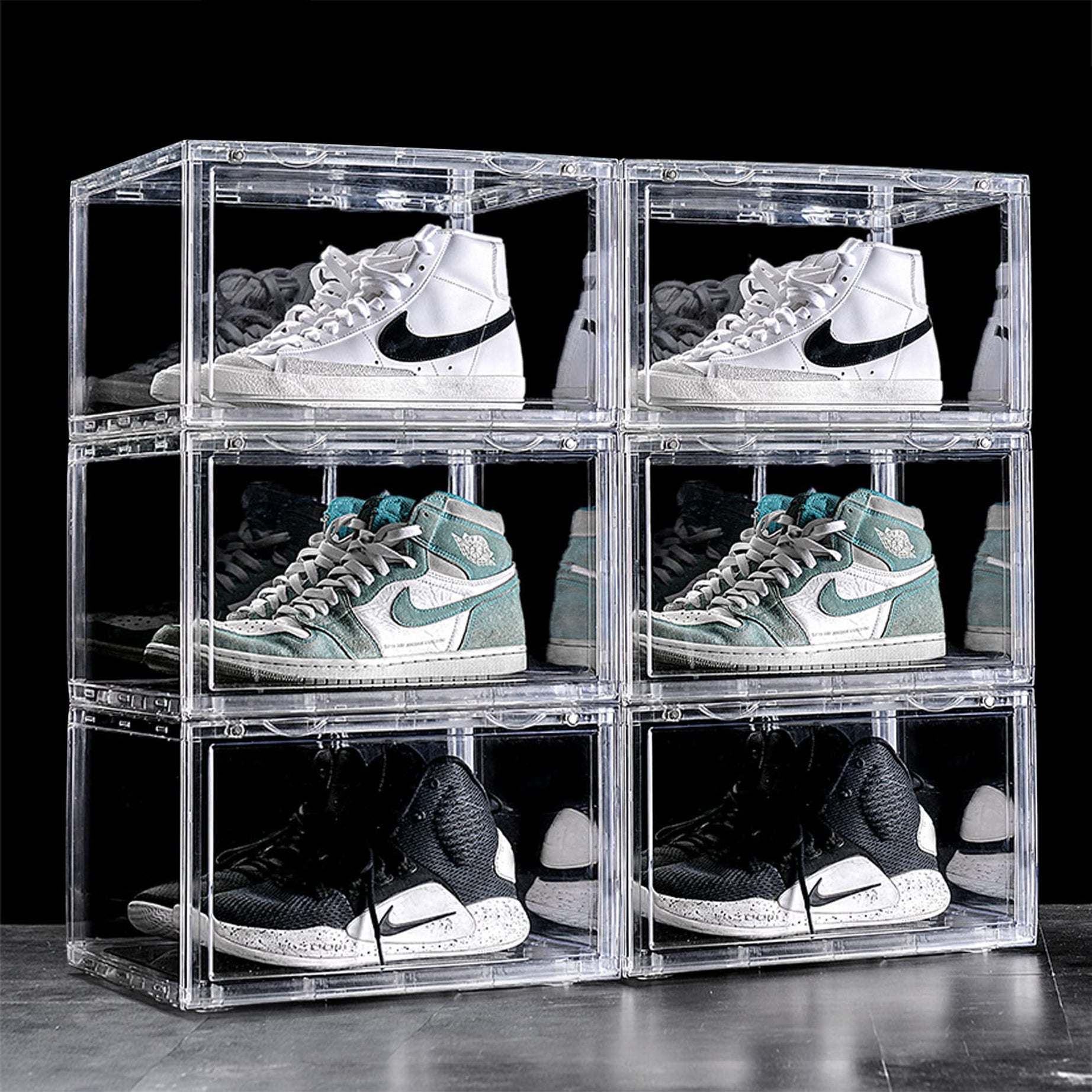 AYSIS Multipurpose 6 Pack Sneaker Containers Bins, Shoe Storage Box, Clear Plastic Stackable Shoe Organizer for Closet, Space Saving Foldable Shoe Sneaker Containers (Pack of 6, White Transparent)