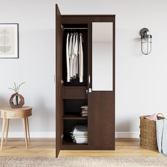 Nilkamal Riva Engineered Wood 2 Door Mirror Wardrobe with 1 Hanging Rod, 2 Shelves, and 1 Drawer (Riva, 2 Door)