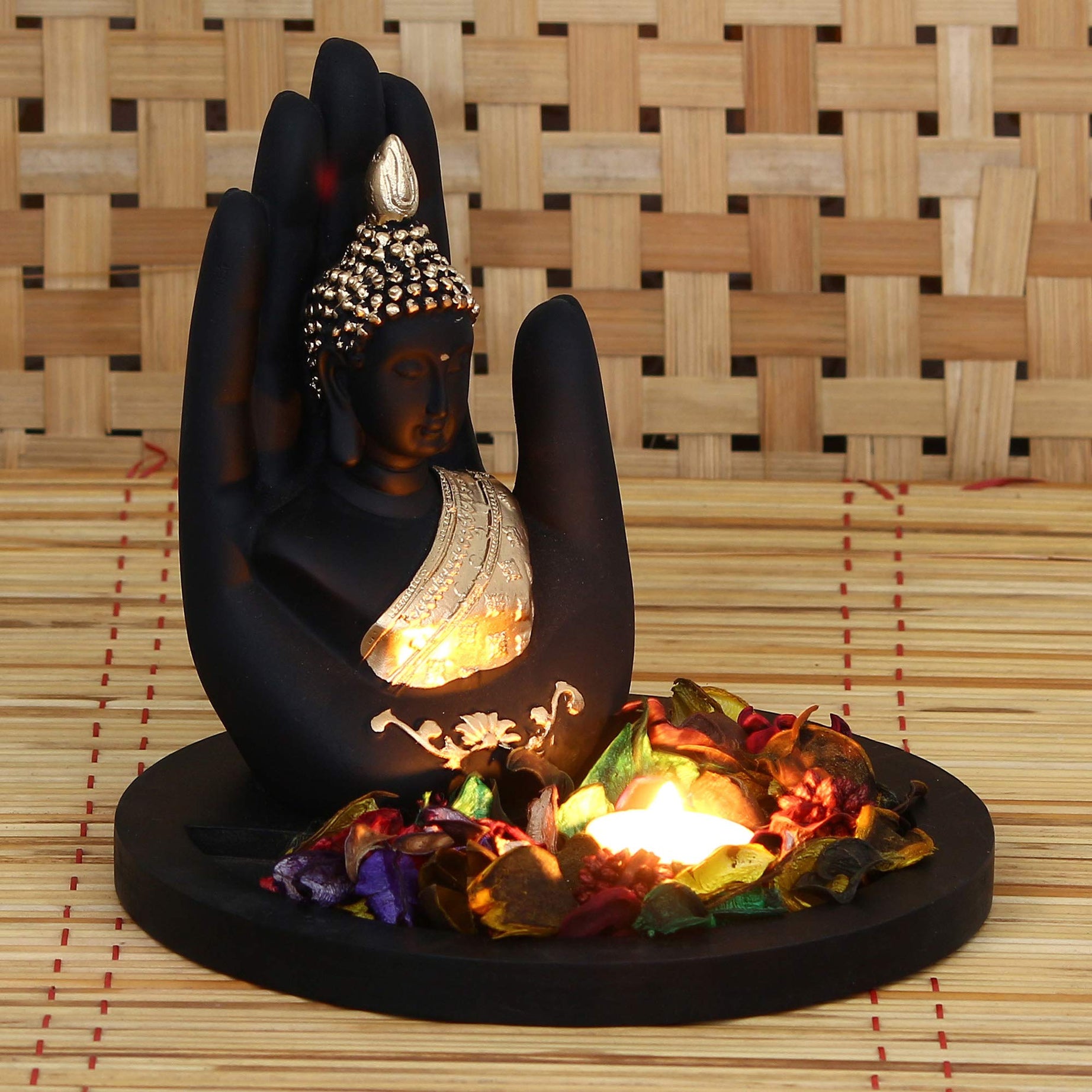 eCraftIndia Black and Golden Polyresin Palm Buddha Statue with Wooden Base, Fragranced Petals Tealight Holder - Serene Decor for Home, Office, Meditation Spaces for Housewarming, Diwali