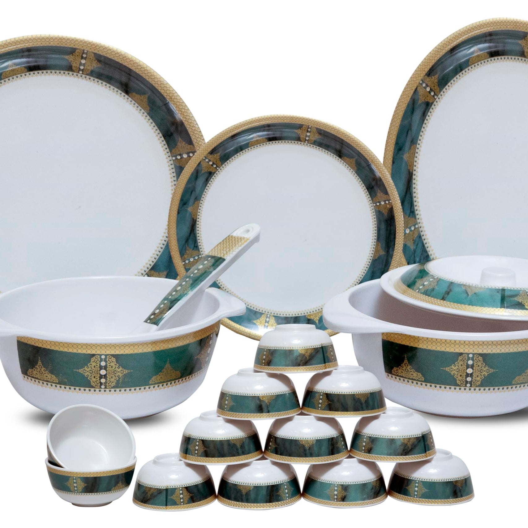 Serve n Style Round Melamine Dinner Set 40 Pieces (1008) - Green & Golden Border