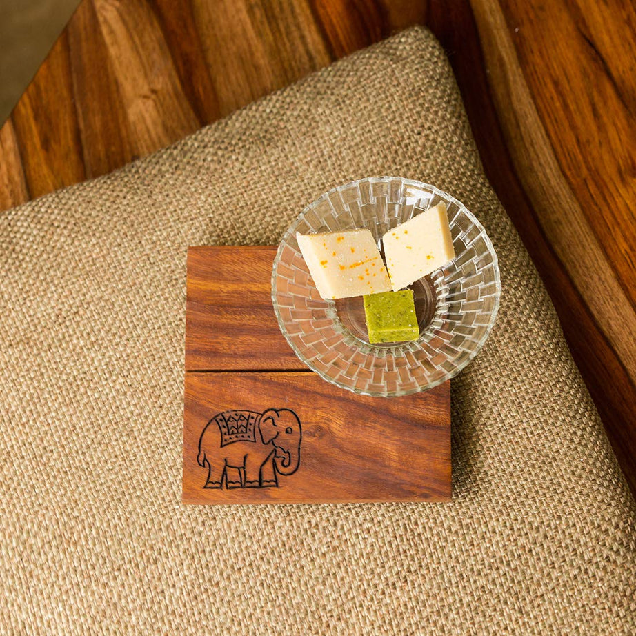 ExclusiveLane 'The Elephant Warriors' Hand Carved Trivet in Sheesham Wood -Pot and Pan Trivets for Hot Pots Wooden Trivets for Dining Table Kitchen Tea Coaster for Office Table Coasters