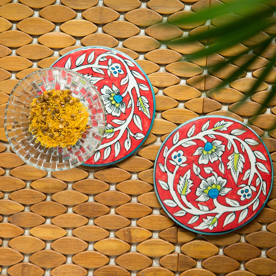 ExclusiveLane "Mughal Rounds" Floral Hand-Painted Kitchen Trivets in Ceramic (Set of 2) - Trivets for Dining Table Trivets for Hot Pots Hot Vessels Coasters Dinning Table Accessories