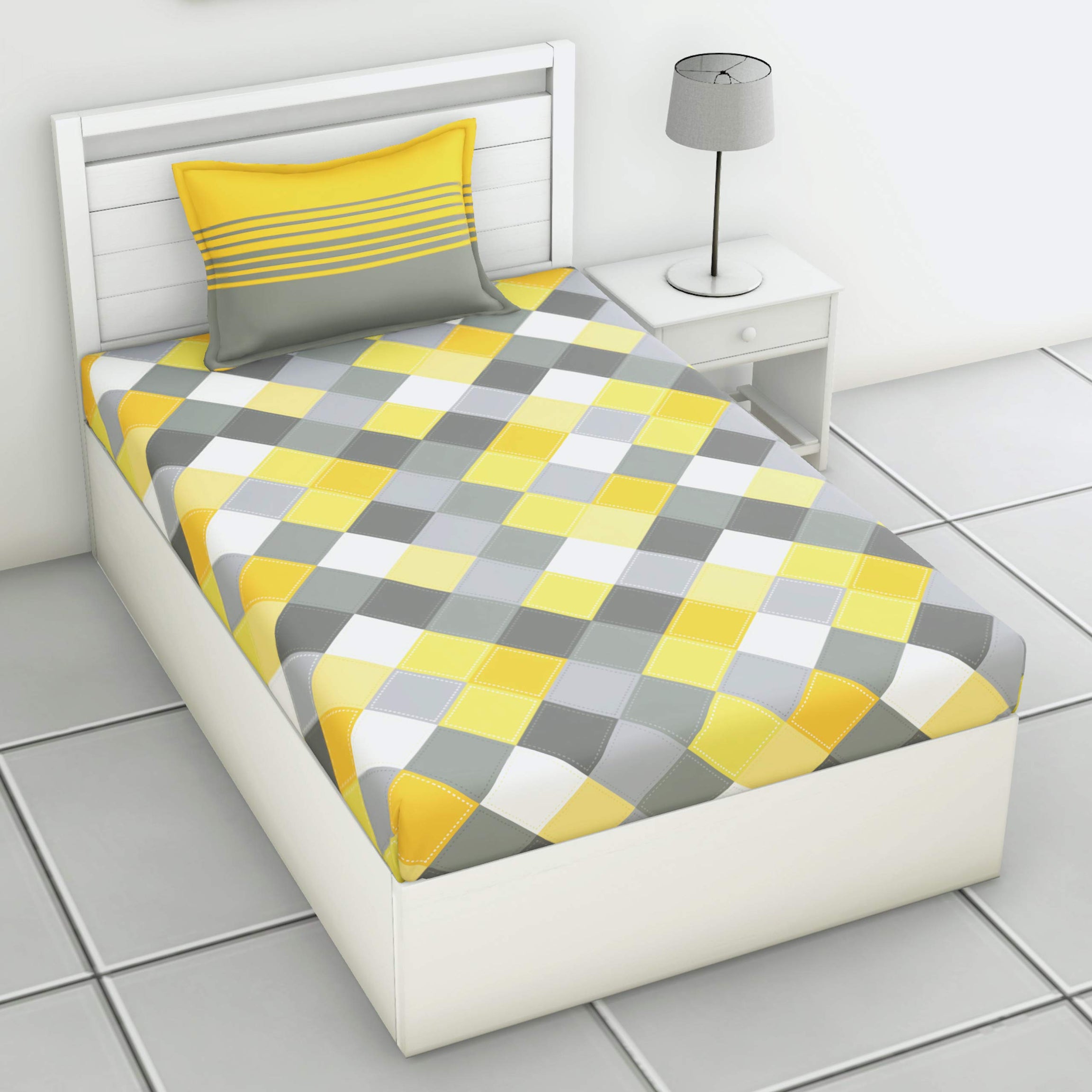 LORETO – A QUALITY LINEN BRAND 144 TC Cotton Single Bedsheet with 1 Pillow Cover - Yellow & Grey, Checkered