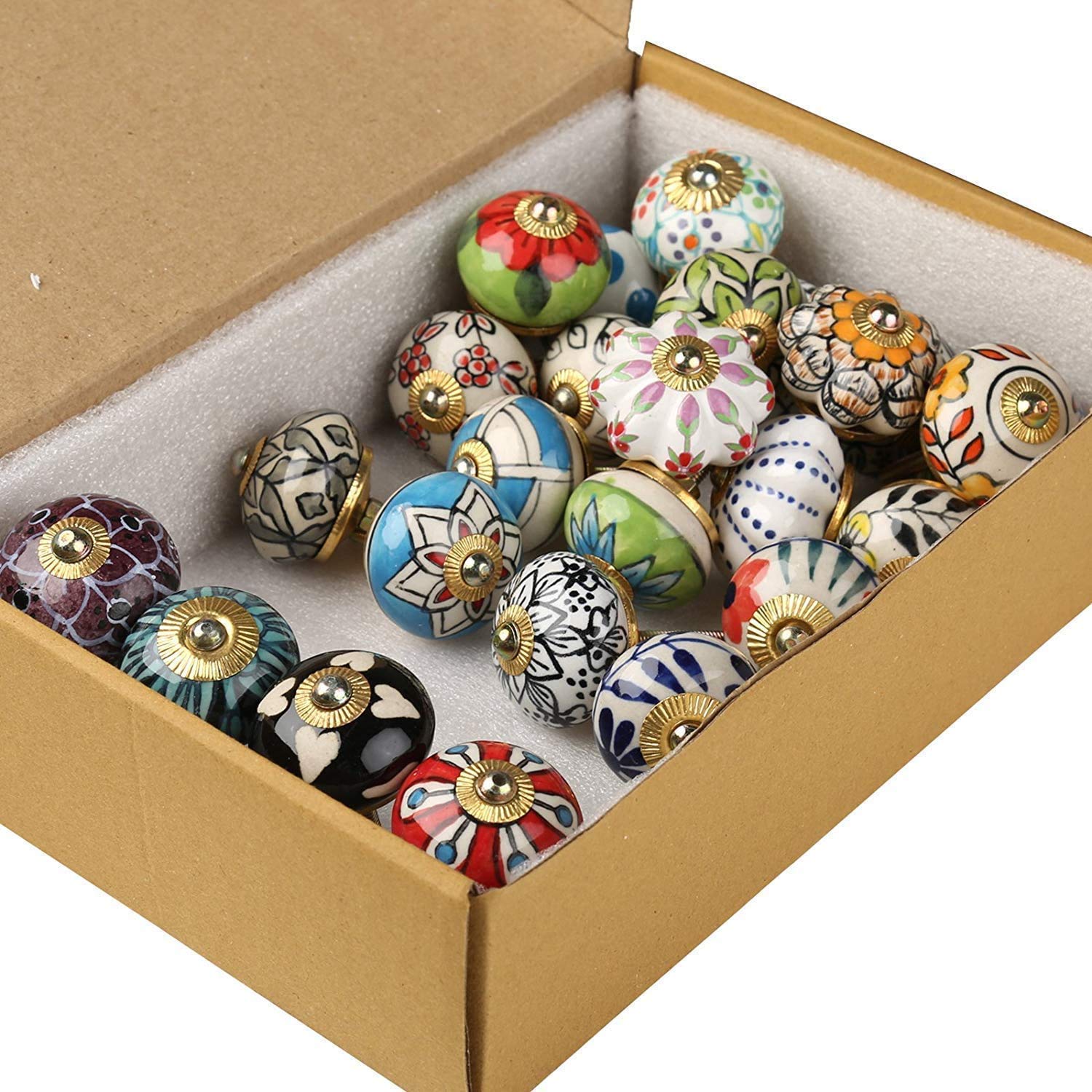 Shriyam Craft Shriyam Ceramic Vintage Colourful Pottery Drawer Handle Door Knobs & Pulls For Cabinets Home Interior Decor Hardware (D-1.7" X H-2.5", 10, Multicolour) - Pack Of 10, Glossy Finish