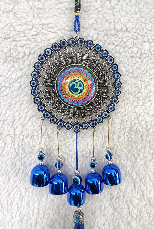 MOOZ Copper Alloy Wind Chimes For Home Positive Energy, Evil Eye Hanging For Home, Evil Eye Home Decor Items, Hanging Decorative Items For Home (Om Evil Eye), Blue