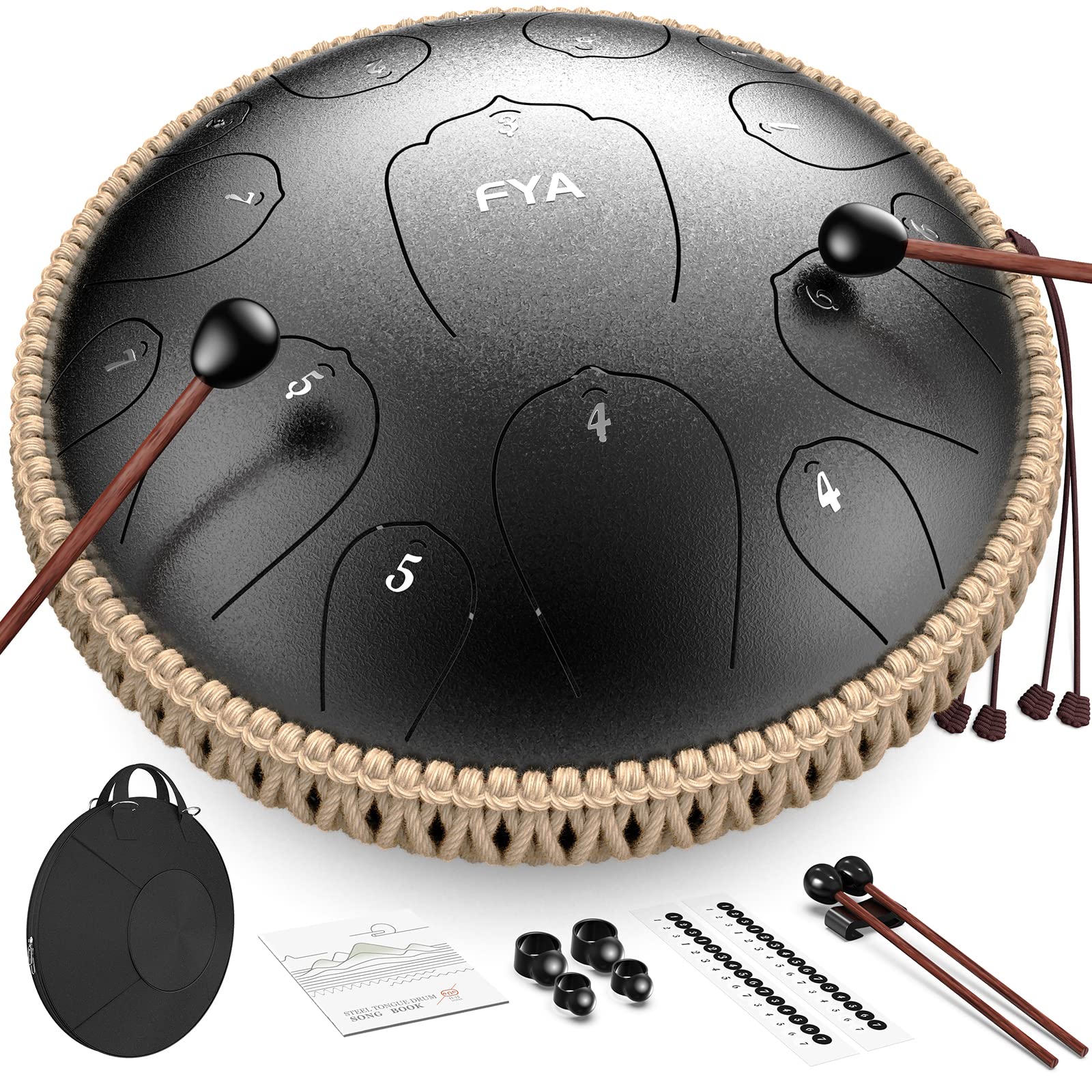 FYA 14 Inch Steel Tongue Drum 15 Notes D Major for Kids and Adults with Rubber Mallets, Finger Picks and Padded Travel Bag, Unique Gifts for Him or Her (Black-15 Note 14 Inch)