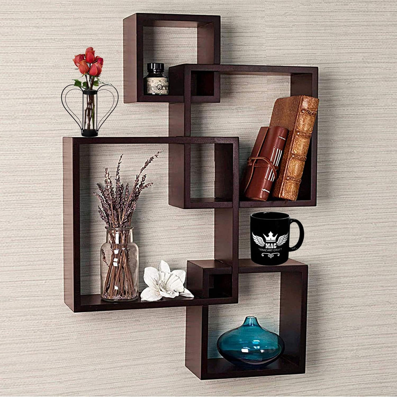 MAYRA Intersecting Wall Shelf for Wall Decoration/Wall Shelves Set of 4 (Brown)