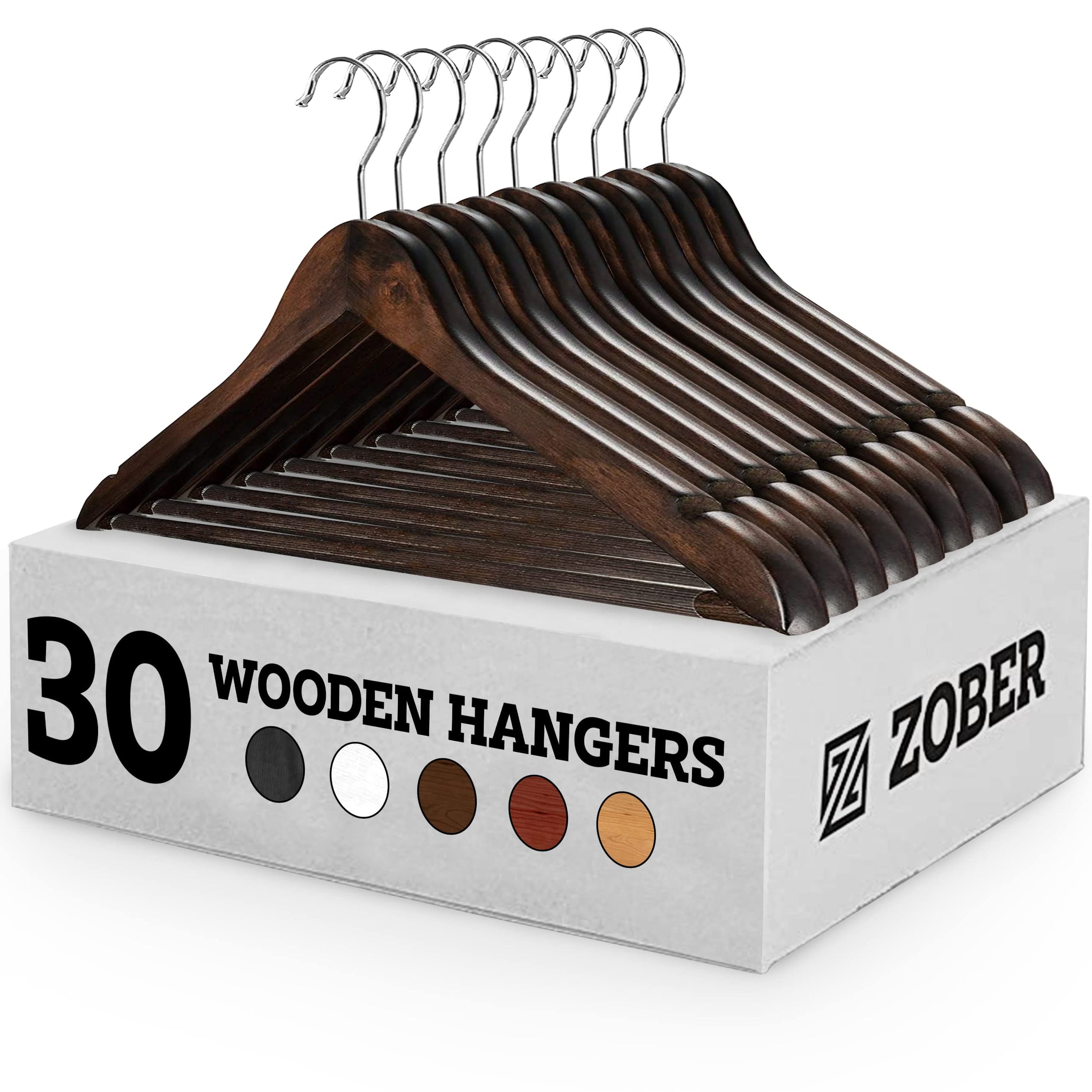 Zober Wooden Suit Hangers with Non-Slip Pants|Smooth Finish Solid Wood Coat Hanger with 360° Swivel Hook & Precisely Cut Notches for Camisole, Jacket, Pant, Dress Clothes Hangers (30 Pack)