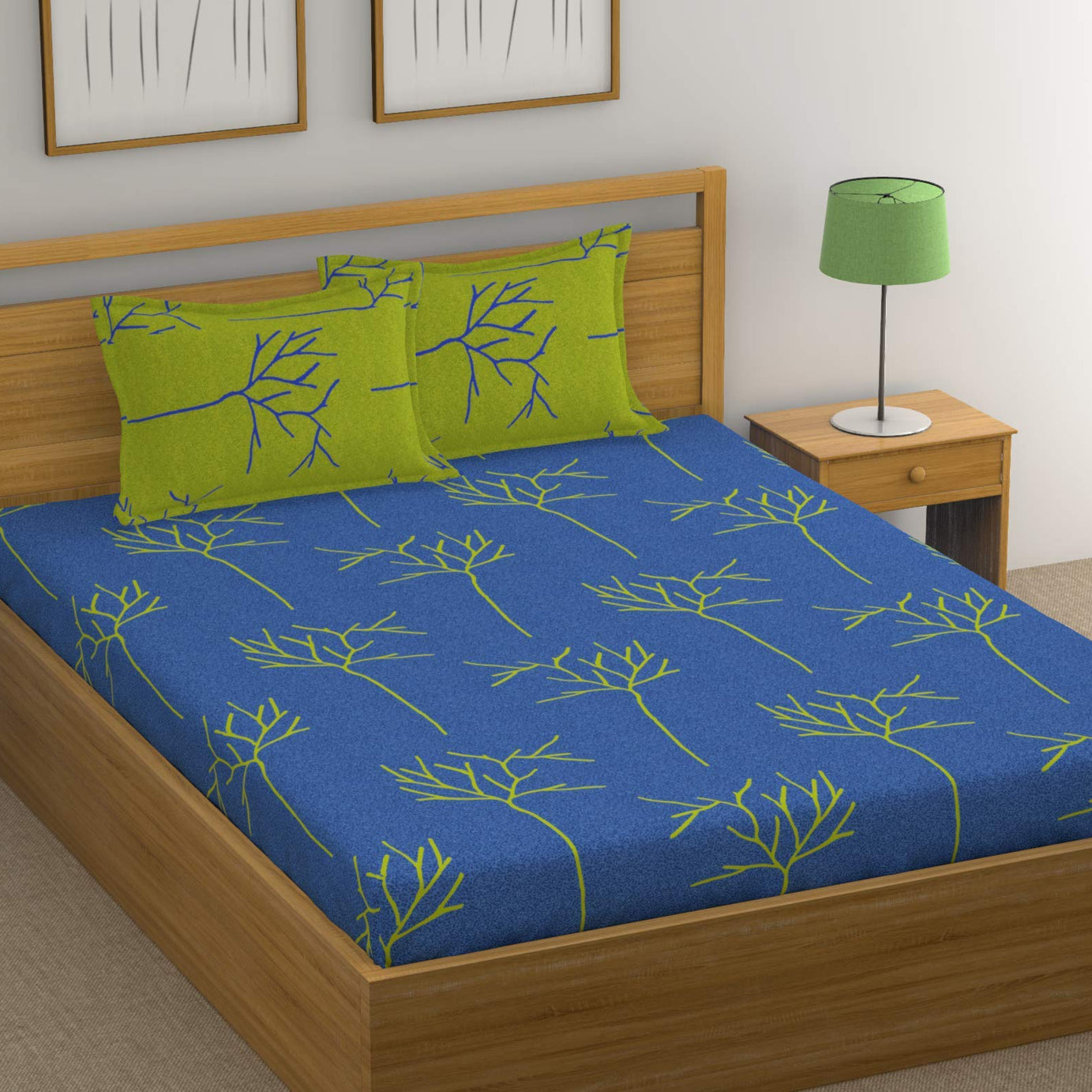 HUESLAND by Ahmedabad Cotton 144 TC Cotton Bedsheet for Double Bed with 2 Pillow Covers - Blue and Green