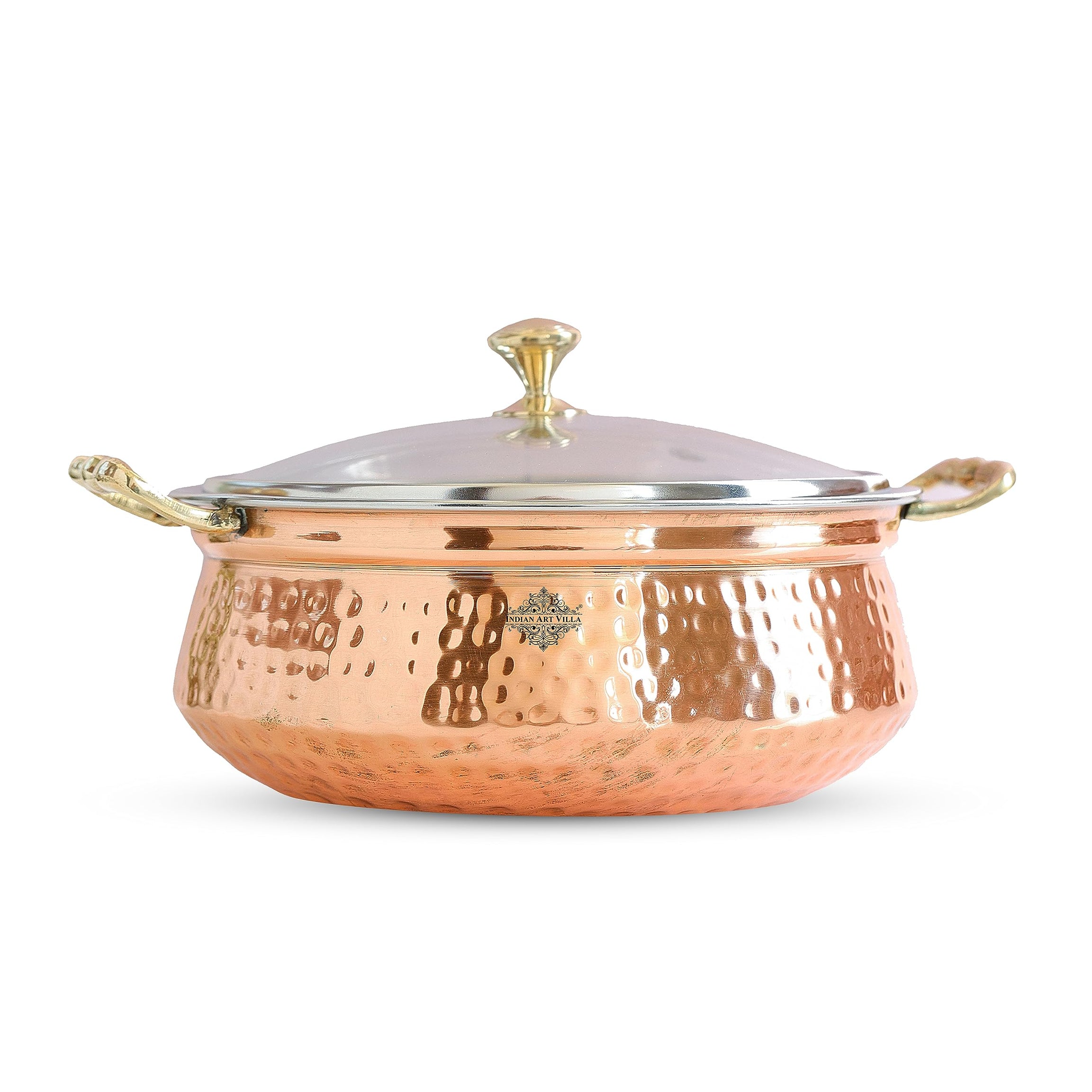 Indian Art Villa Hammered Steel Copper Casserole Donga Bowl with Glass Lid, Tableware and Serveware (2200 ml)