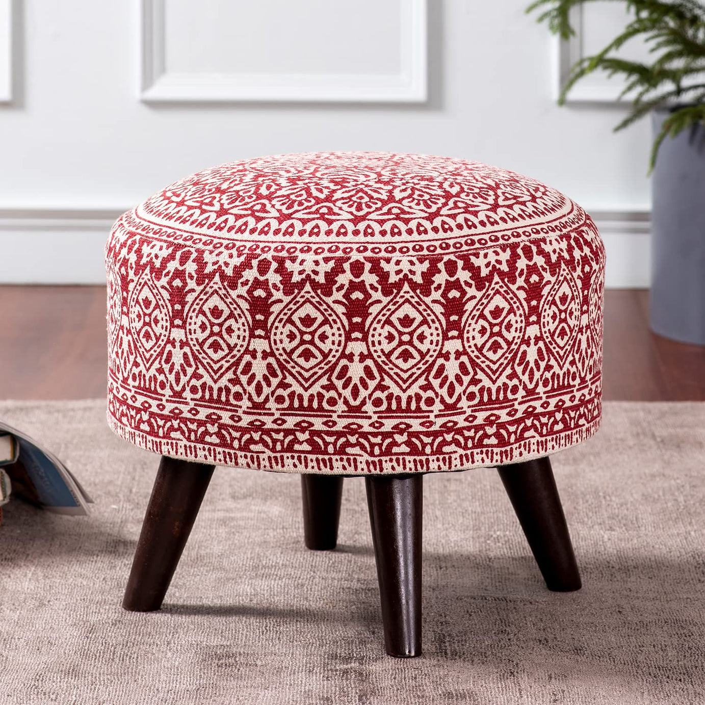 nestroots Ottoman Stool for Living Room | Pouffes for Sitting Printed Ottoman | Foot Rest Ottoman stools with 4 Wooden Legs (14 inch Height, Red)