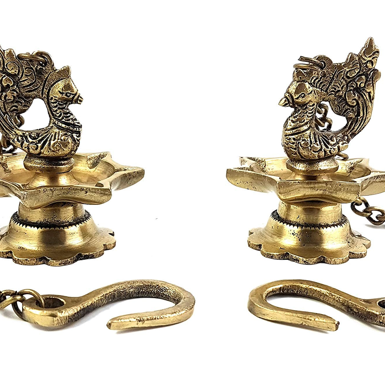 Two Moustaches Brass Peacock Carved Hanging Diya Set, Antique Yellow -Pack of 2, Standard