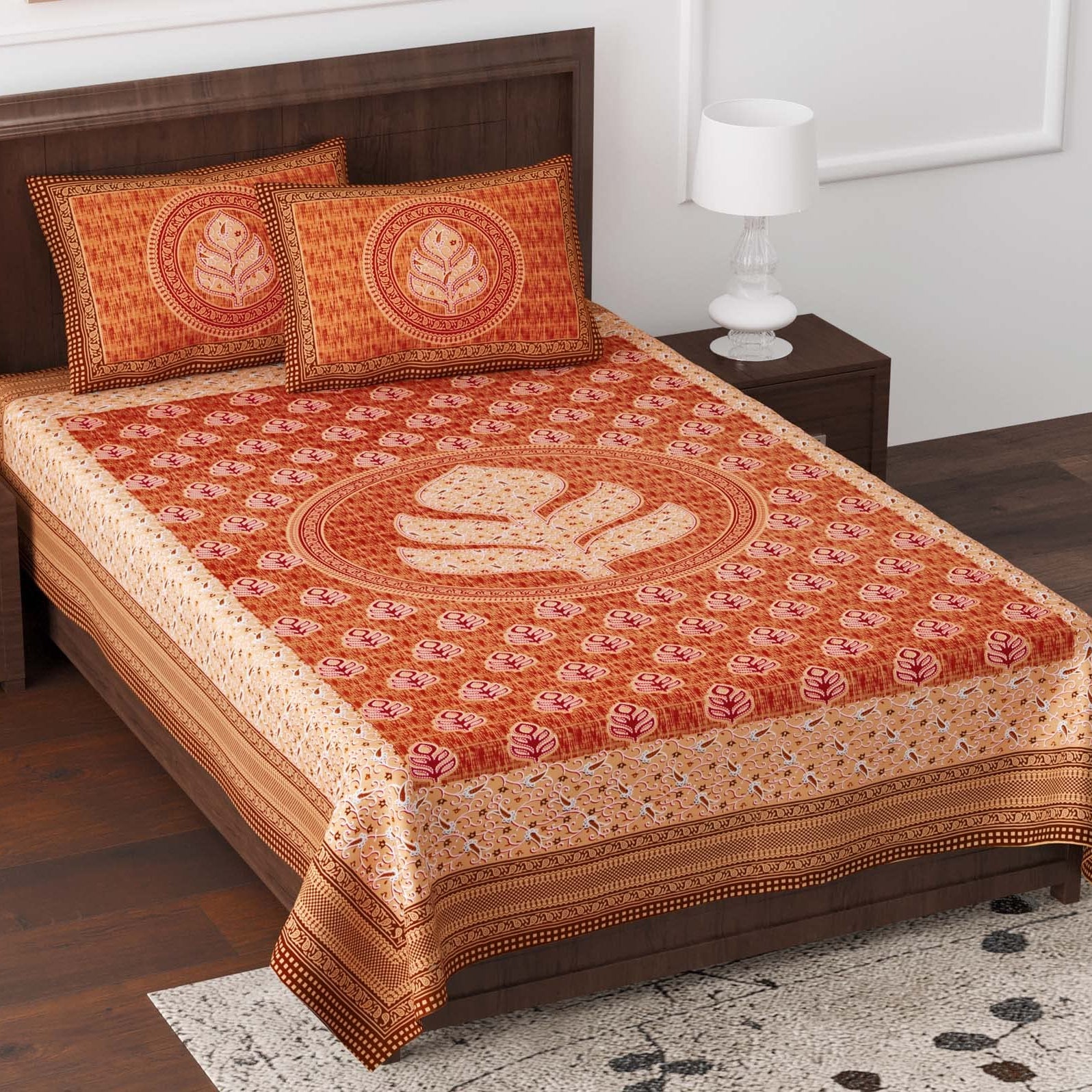 JaipurFabric® Cotton 180 TC Shahi Jaipuri Print Single Bedsheet with 2 Pillow Covers (70" X 100"), Orange