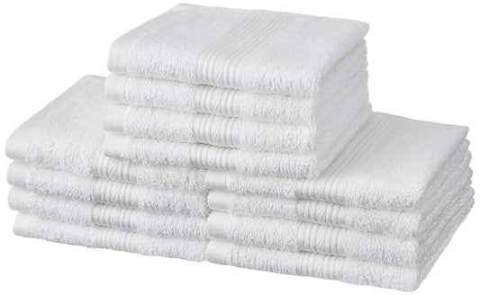 Amazon Brand - Solimo 100% Cotton 12 Piece Face Towel Set, 500 GSM (White)